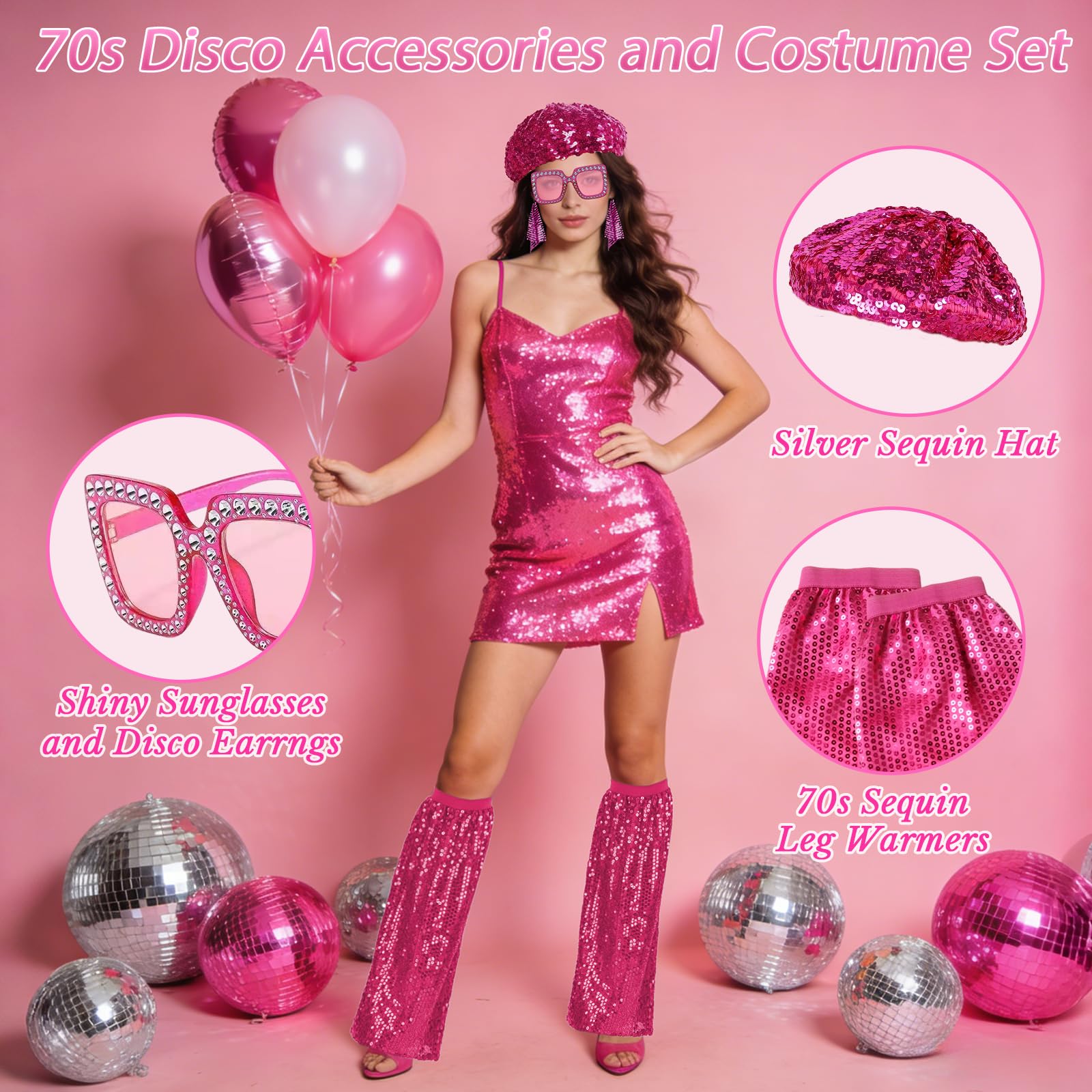 YAEGMIMHT 5Pcs 70s Accessories for Women Disco Fancy Dress Accessories, Sequins Beret Hat Leg Warmers Sunglasses Earrings - Image 3