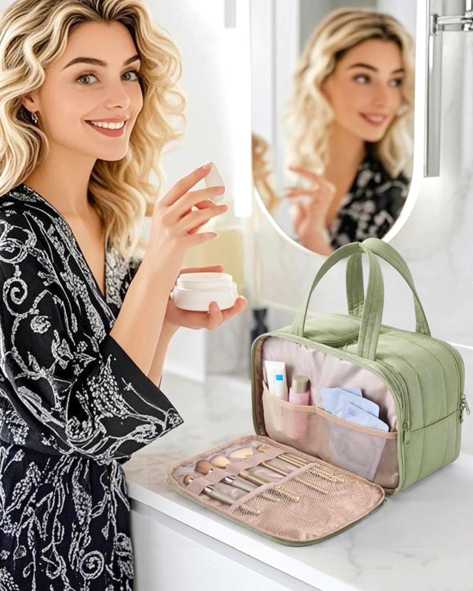 BAGSMART Borsa da viaggio per articoli da toeletta Puffy, grande, leggera, organizer per cosmetici con manico, per viaggi, accessori, essenziali, articoli da toeletta