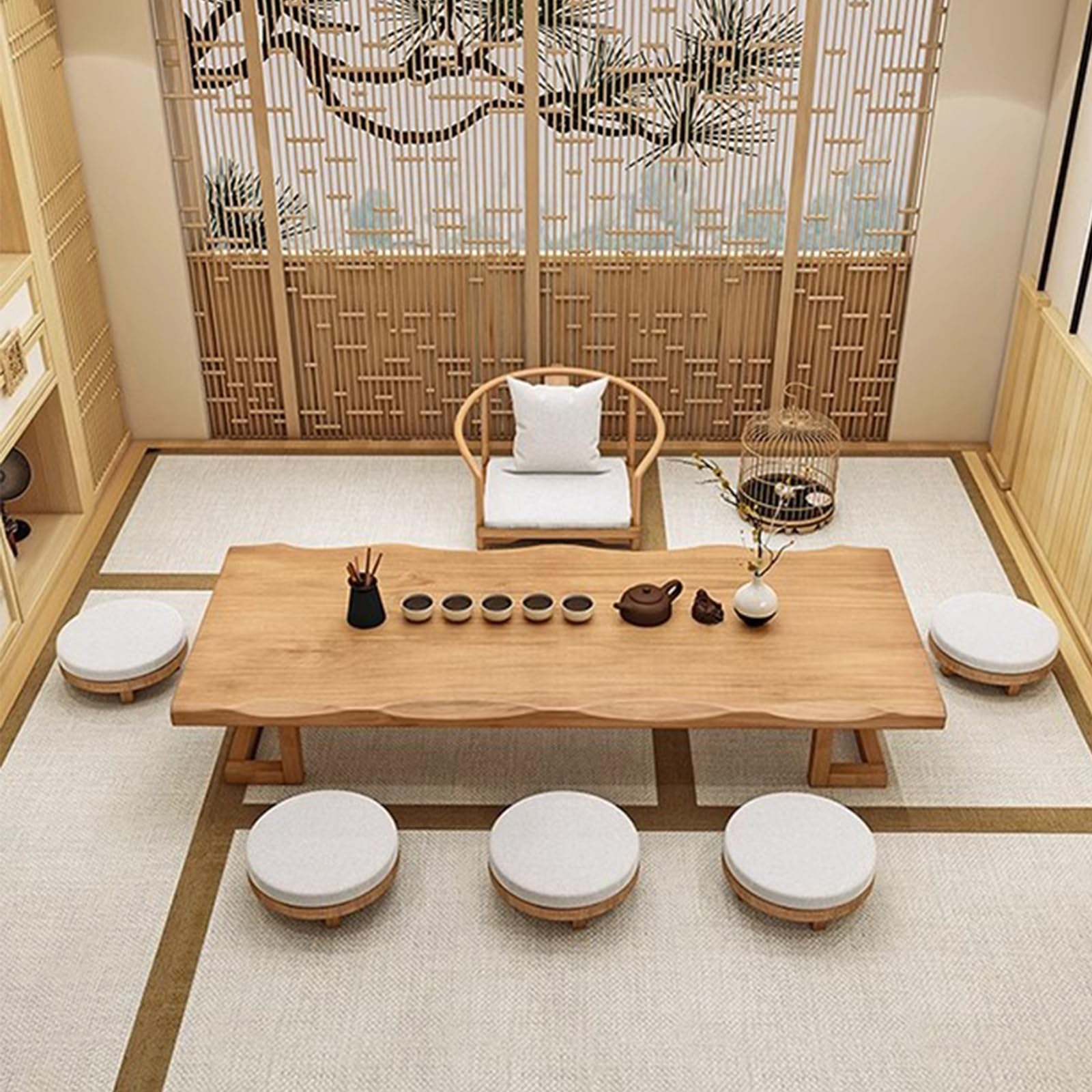 Amazon.co.jp: 無垢材コーヒーテーブル座卓床座用木製テーブル椅子 
