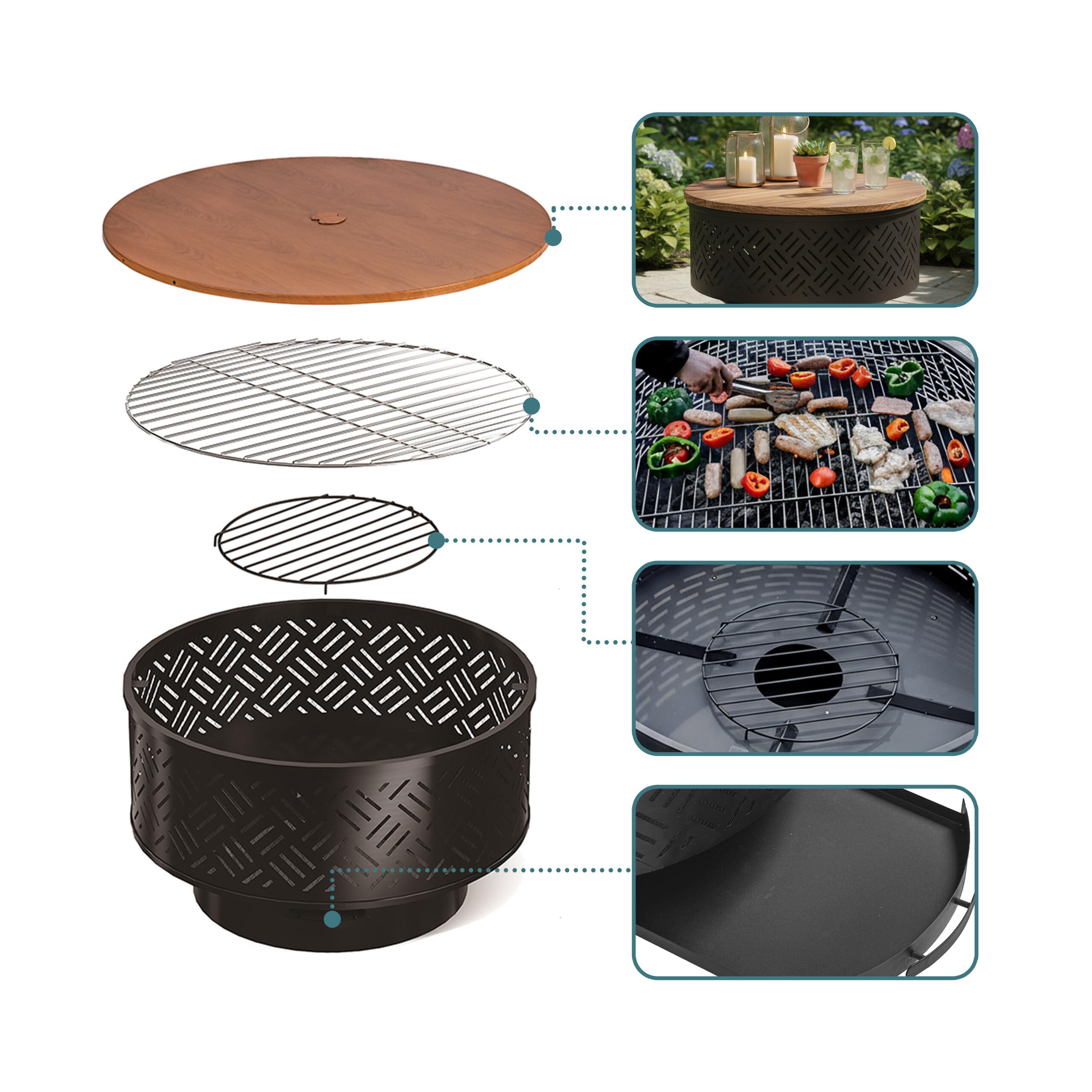 Relaxdays Feuerschale, Ø 66 cm, mit Grillrost, Deckel, Schürhaken & wasserdichter Abdeckung, Feuerstelle, schwarz/Natur