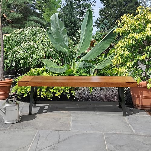 Miniatura 2 de VINGLI Banco de exterior con patas de metal rústico, banco de comedor de madera para interiores y exteriores, bancos de porche para patio, jardín,