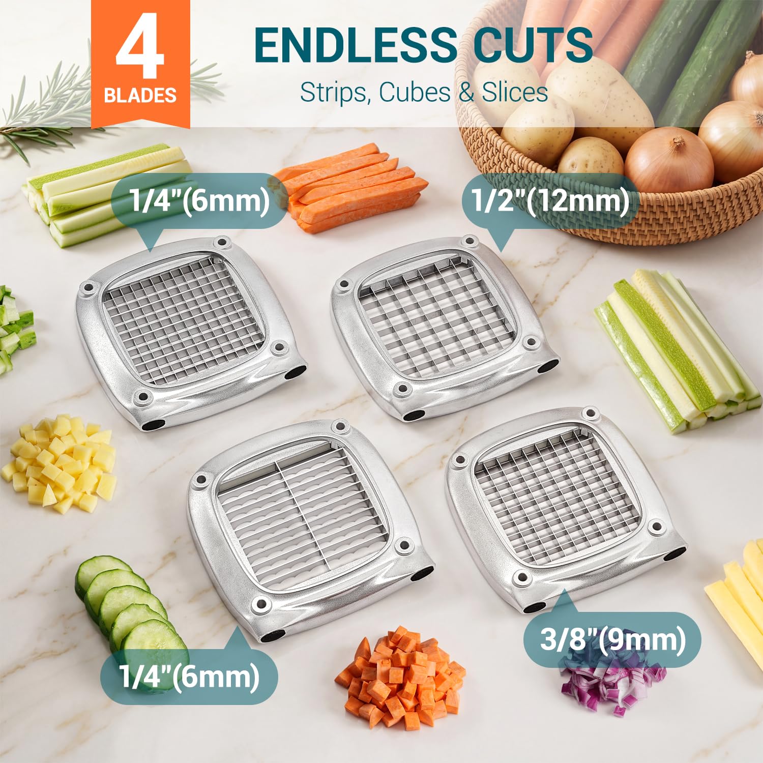 Sopito Cortador de patatas Corta Patatas Fritas Profesional | con Cuchillas de Acero Inoxidable de 6 mm, 9 mm y 12 mm para Verduras y Frutas, Plata