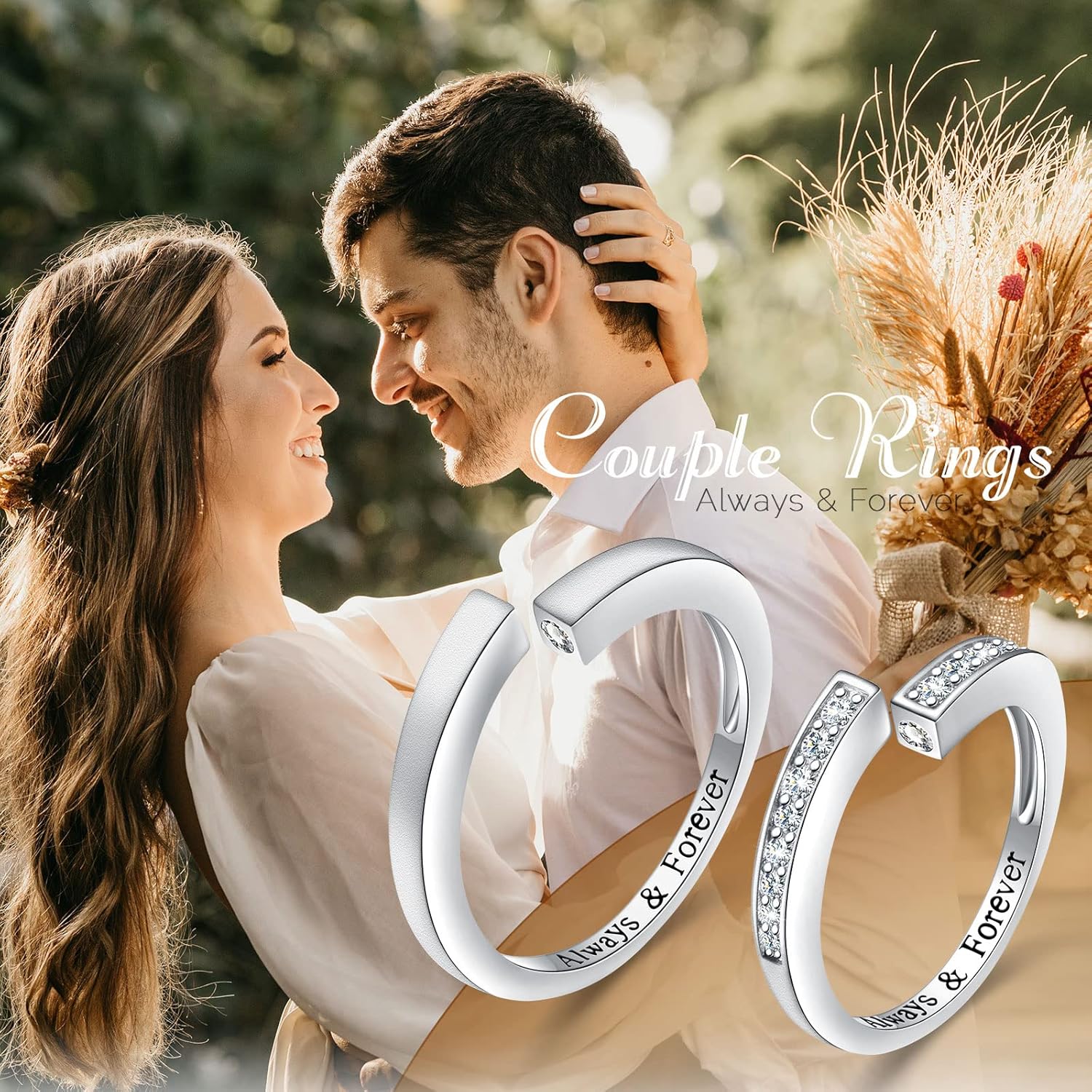 Yearace Couple Rings, 925 Sterling Silver Promise Ring for Couples Romantic Love Couples Jewelry Gifts, Adjustable Engagement Wedding Ring for Him and Her