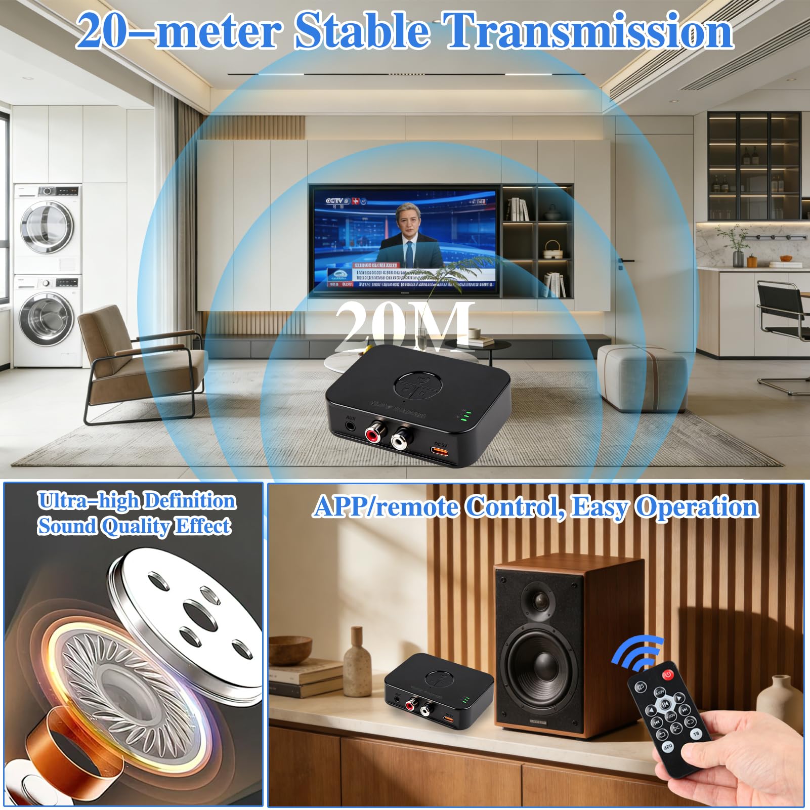 Adattatore Bluetooth 6.0 stereo, doppia connessione 3,5 mm AUX & RCA output, ricevitore Bluetooth per altoparlanti, amplificatore e autoradio, ricevitore audio HiFi Bluetooth con telecomando e 3D