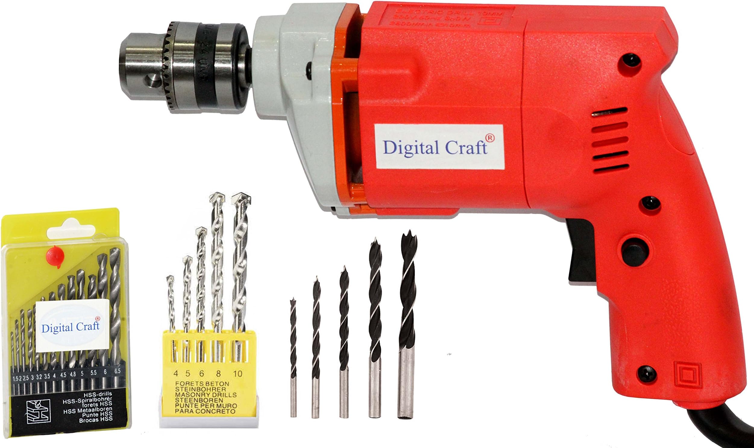 10Mm Drill Machine + 13 Pieces Hss Drill Set for Wood, Metal, Plastic and 5 Pieces Masonary Drill Set for Wall, Concretes & 5Pc Wooden Drill Bit