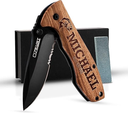 Regalos para hombres, cuchillo de bolsillo de madera de roble grabado personalizado, 36 iconos, 20 fuentes elegantes, cuchillos personalizados