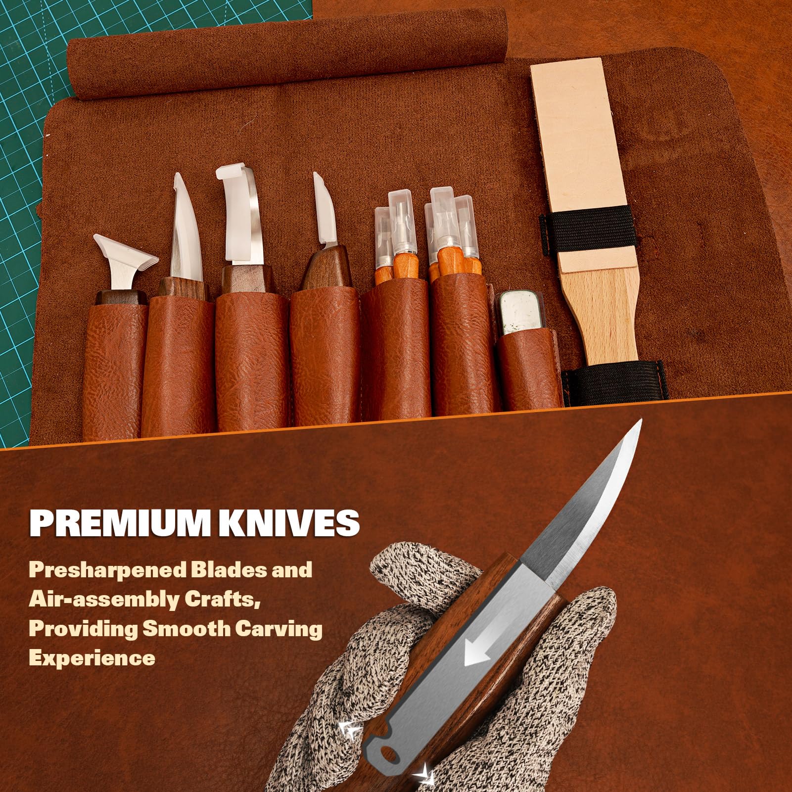 Wood Carving Kit, 32Pcs Wood Carving Tools with PU Storage Bag, Wood Whittling Knife Kit with 4pcs Templates & 11pcs Wood Carving Knives for Wood DIY Beginners