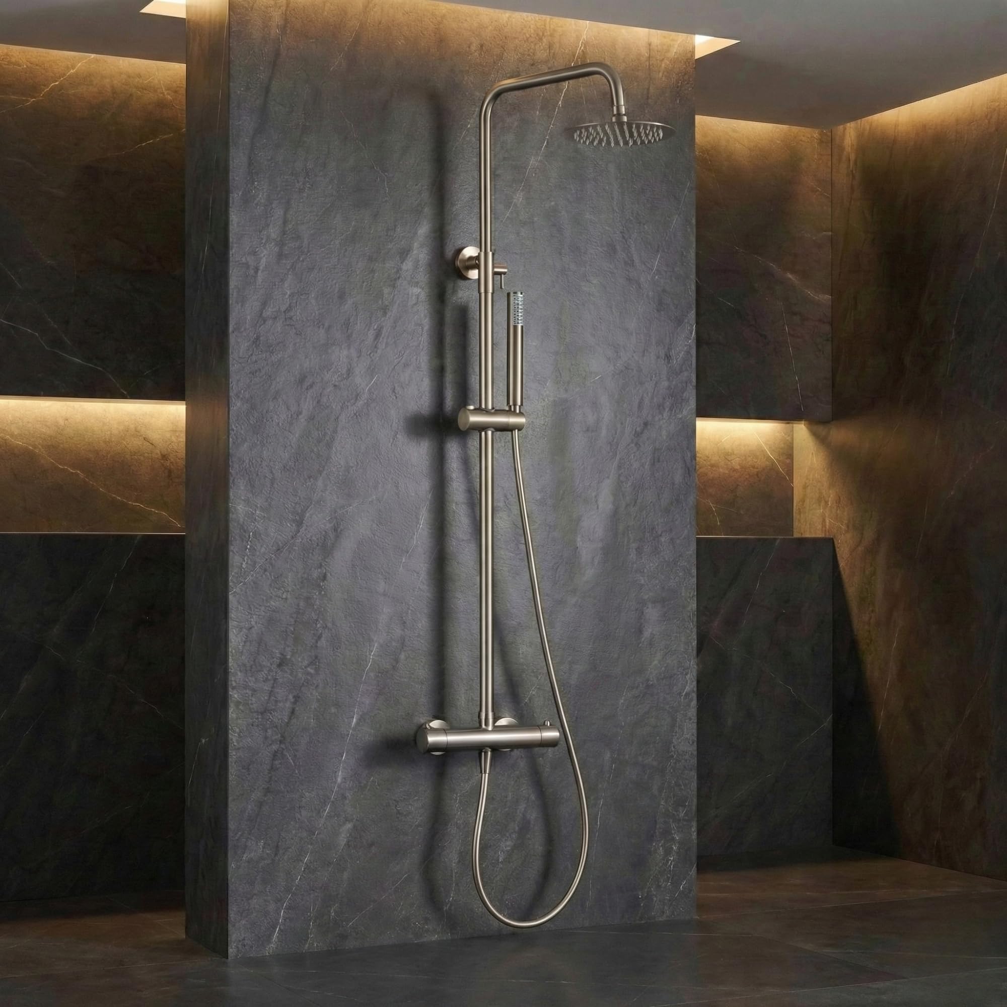 IMEX - Colonna Doccia Termostatica con Rubinetto | Set Doccia con Soffione Anticalcare Effetto Pioggia | Rubinetteria in Ottone e Acciaio Inox S.304 con Asta Estensibile Black Gun | Serie Monza