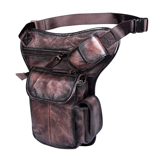 Le'aokuu Mens Genuine Leather Motorcycle Hiking Belt Fanny Waist Hip Bum Pack Drop Leg Bag Pouch 3106 (3106 Dark Brown 2)