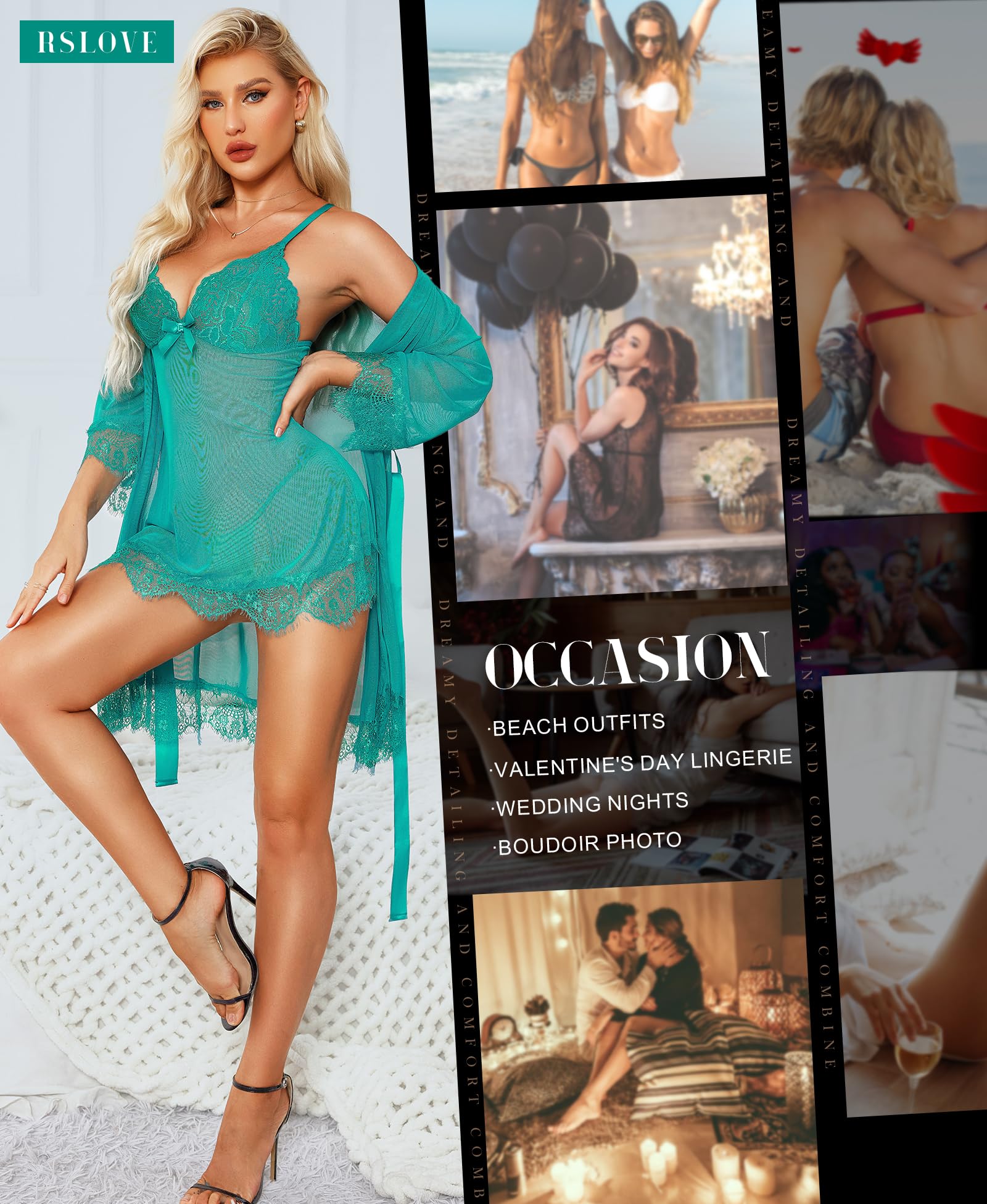 RSLOVE Women Sexy Lingerie Set 3 Piece Babydoll & Lace Kimono Robe Strap Chemise Sleepwear Mesh Nightgown: Large Blue Green