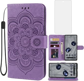 Case for Pixel 8, for Google 8 Wallet Case with Tempered Glass Screen Protector, Embossed Mandala Leather Flip Credit Card Holder Stand Phone Cover Cases for Google Pixel 8 Purple
