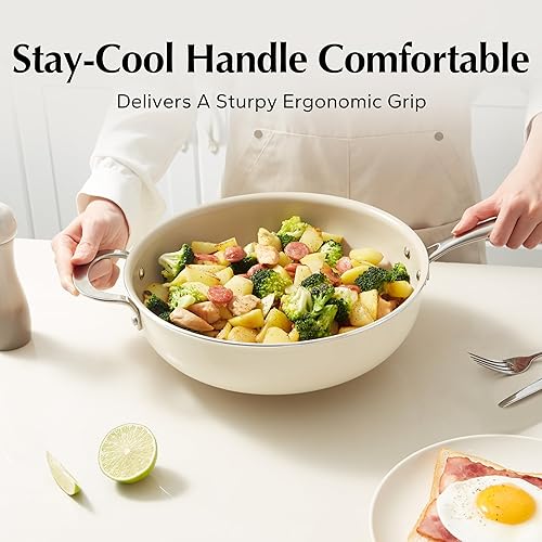 Miniatura 3 de Redchef Sartén de cerámica con tapa, sartén profunda antiadherente, olla jumbo de 5 cuartos con mango auxiliar y tapa, sartén de cerámica no tóxica,