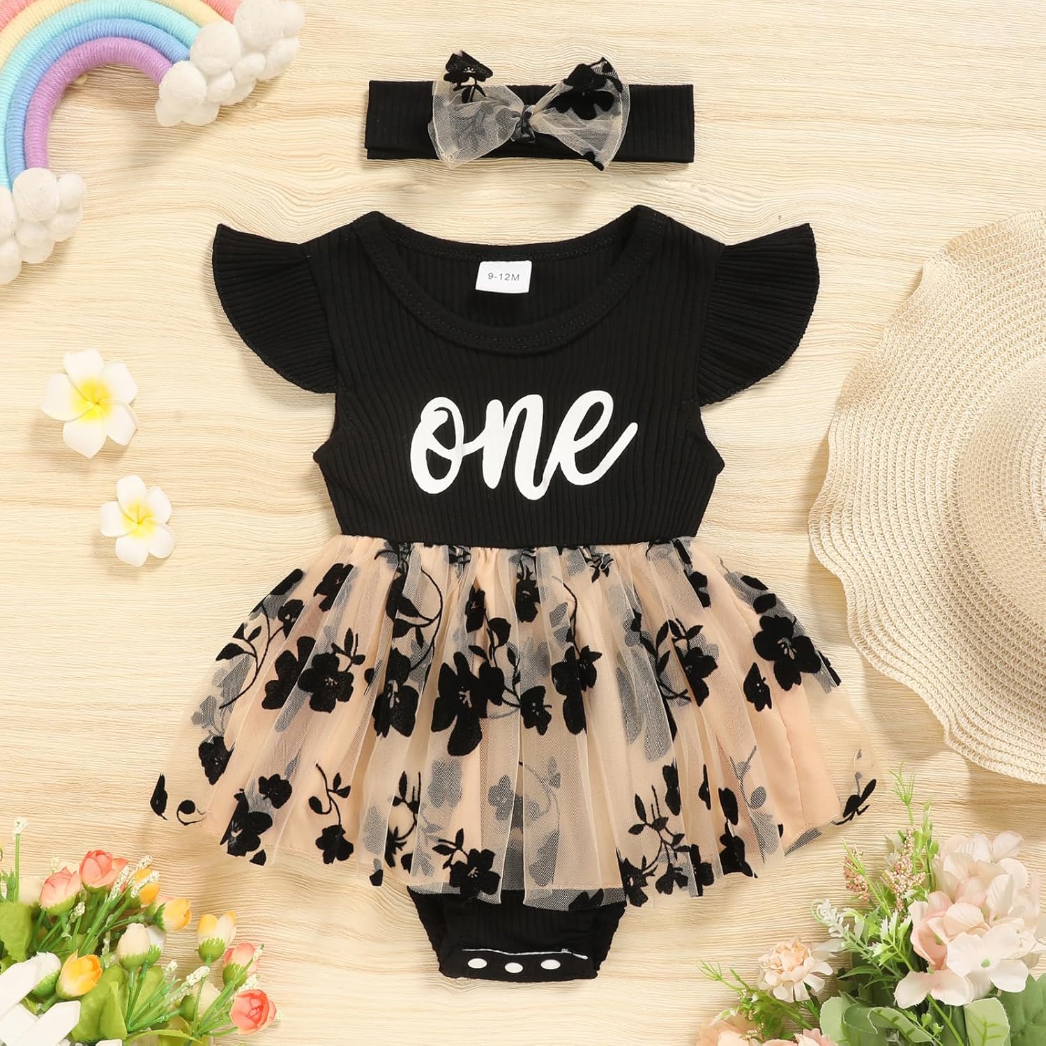 GRNSHTS Baby Girl 1st Birthday Outfits Ribbed Tulle Romper Princess Cake Smash Photo Shoot Clothes+Headband - Image 3