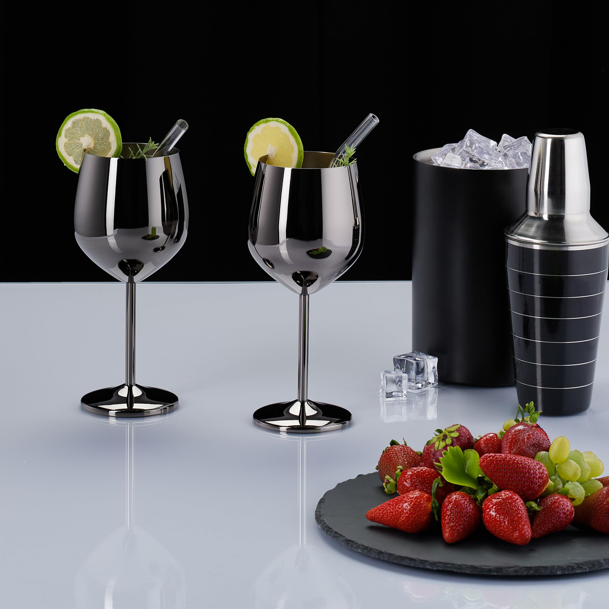 Relaxdays 4 Copas de Vino Tinto o Blanco, de Acero INOX, Irrompibles, Frío por más Tiempo, 400ml, Negro, Inoxidable, 20,5 x 9,5 cm