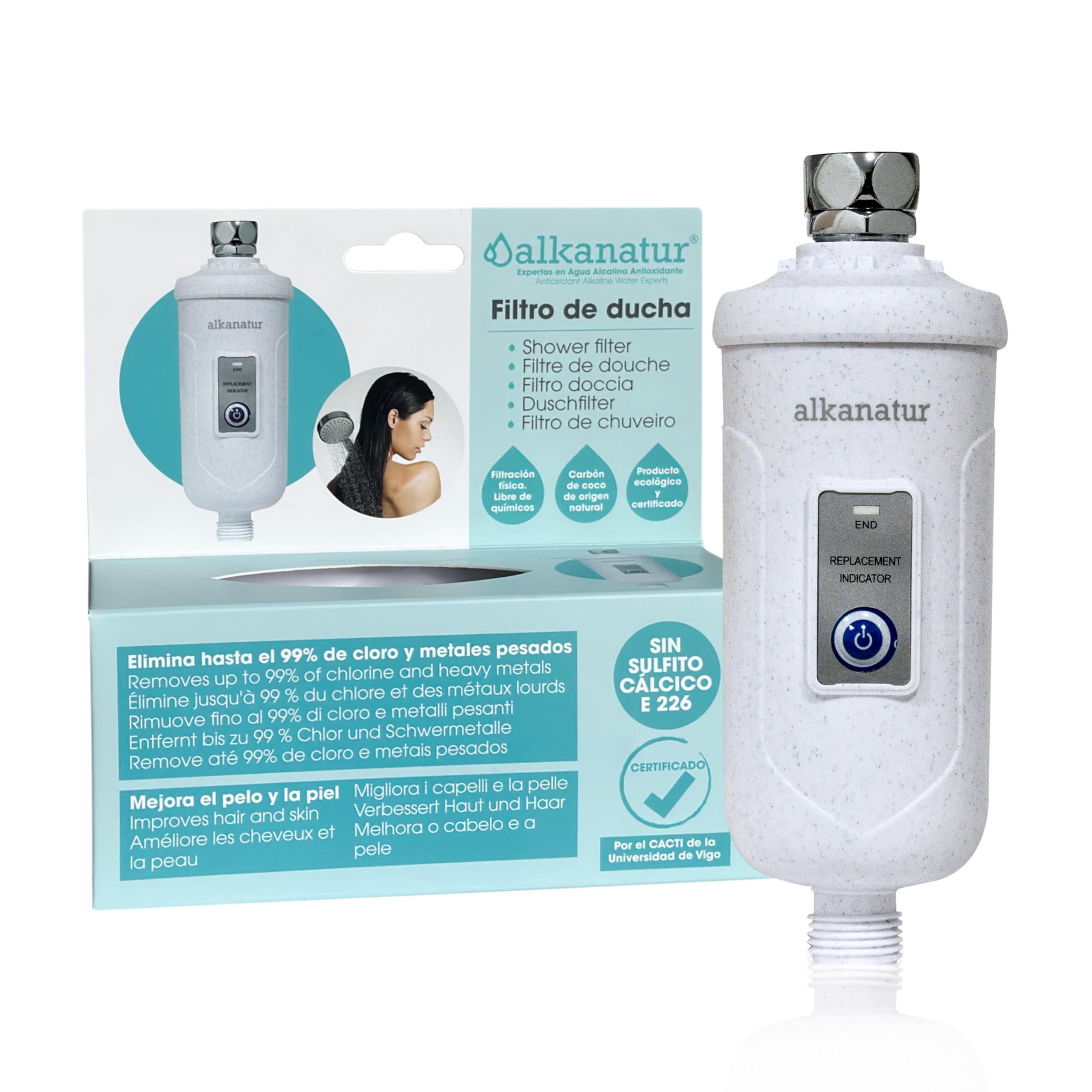 Filtro Agua para Ducha y Baño 30.000 L para el Pelo y Piel Sistema de Filtracion Libre De Sulfito Cálcico E226 Shower Head Filter ALKANATUR