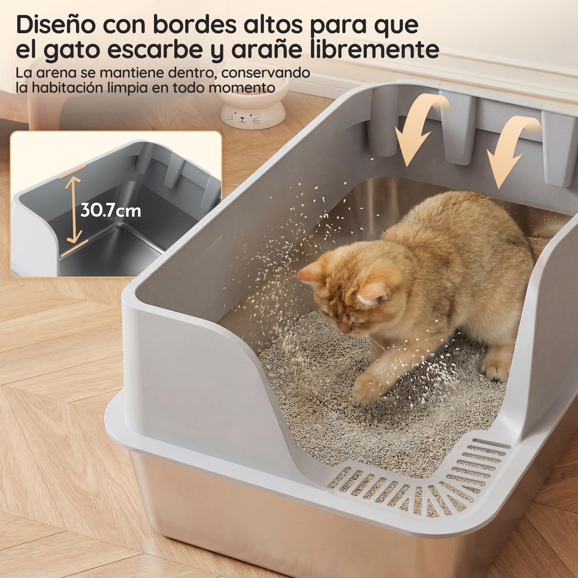 JUMMICO Arenero Acero Inoxidable Gatos, con Entrada Antigoteo, Robusto y Resistente a los Arañazos, Fondo Antiadherente Fácil de Limpiar,60L Caja de Arena para Gatos Grande con Pala y Bolsas de Basura