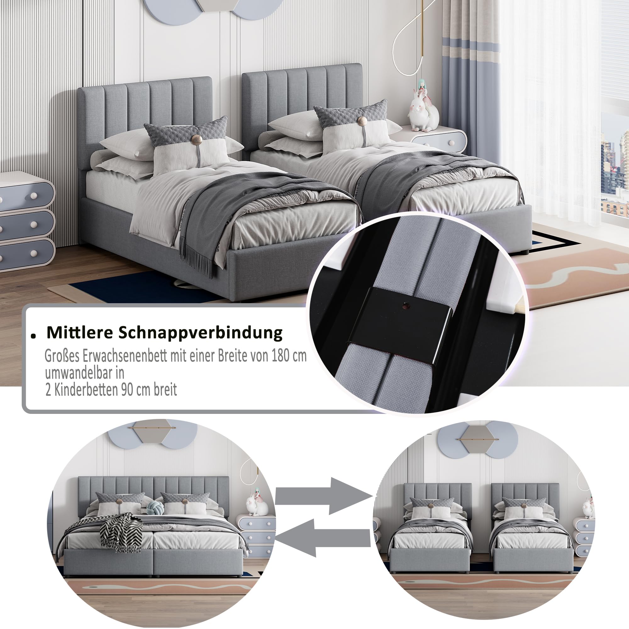 Moimhear Letto imbottito singolo, 180 x 200 cm, letto idraulico in lino, delicato sulla pelle (grigio, 180 x 200 cm)