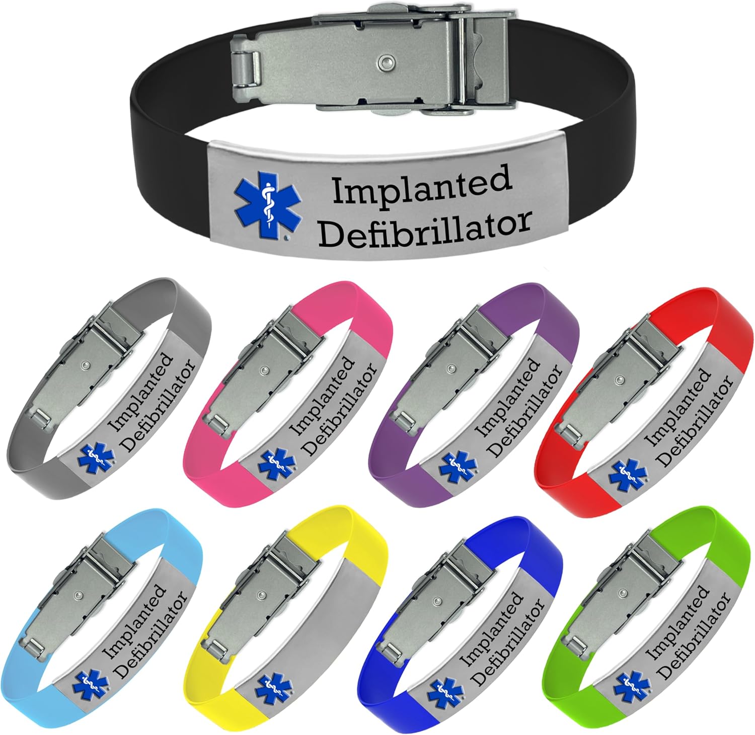 Implanted Defibrillator Medical Alert Bracelet - Adjustable Silicone Band, Engraved ID Tag, Vibrant Colors for Emergency Identification