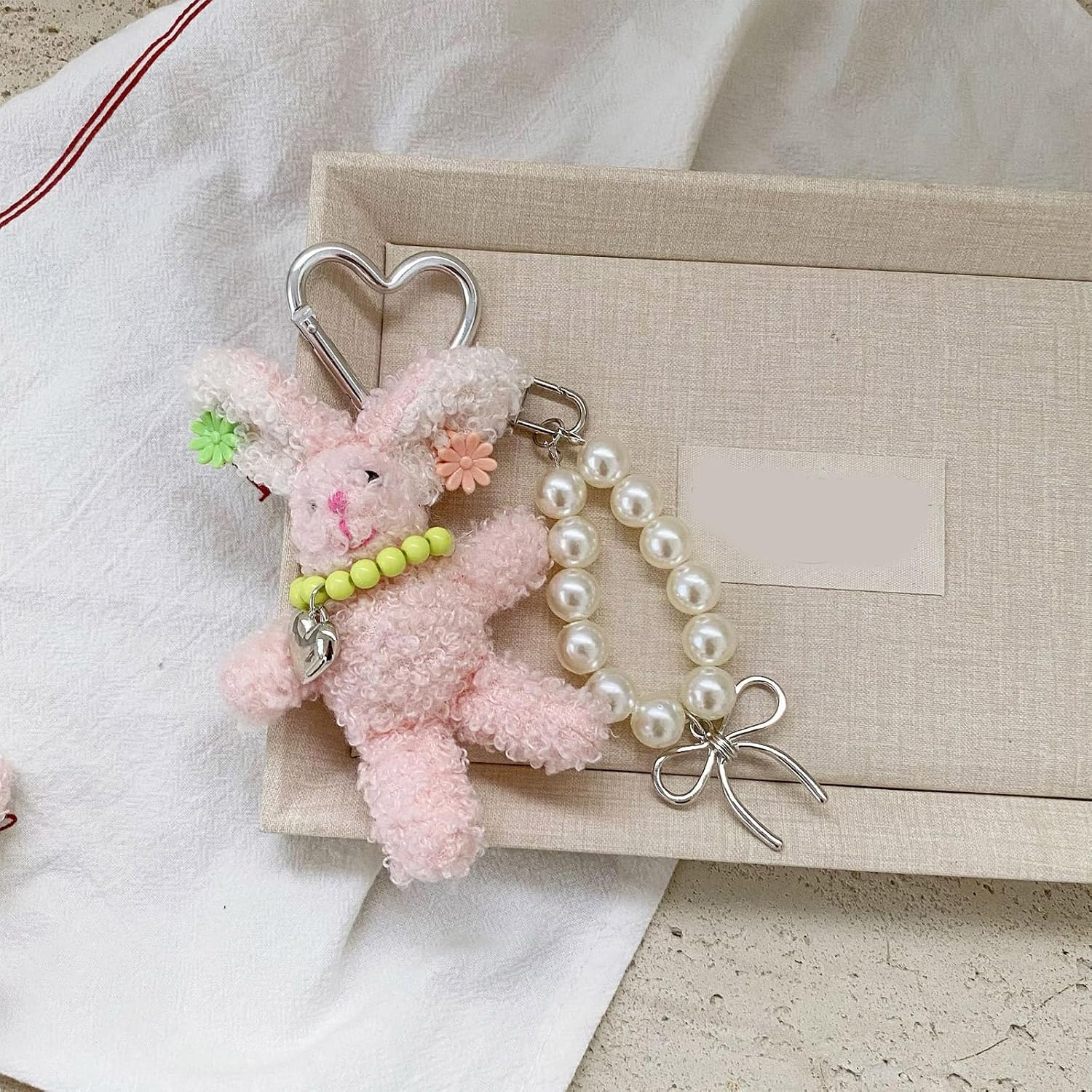 Plush Rabbits Keychain with Pearls Hair Clip, Soft PP Cotton Bag Charm for Backpack Purse Phone Accessory Stylish Pearls Hair image 5