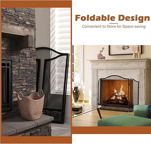 Miniatura 3 de Tangkula Pantalla de chimenea de malla metálica resistente al calor de 3 paneles de 50 x 31 pulgadas protector de chispas de fuego plegable cubierta
