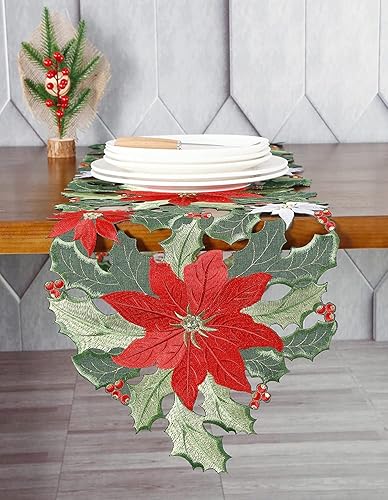 Miniatura 7 de GRANDDECO Camino de mesa navideño para fiestas de granja bordadas con flores rojas de Navidad, bufandas, decoración de mesa para el hogar, cocina,