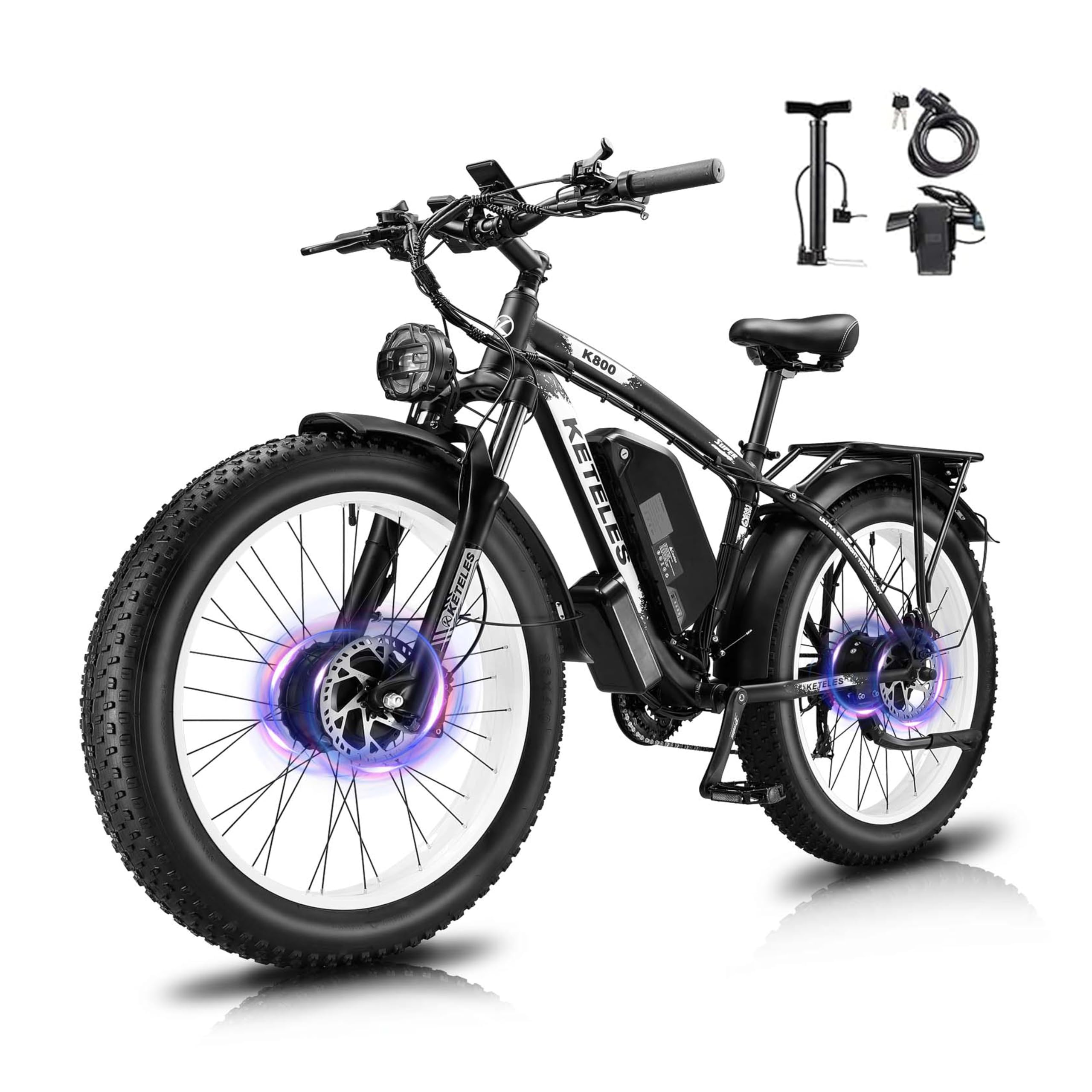 KETELES Electric Bike for Adults, AWD Ebike Dual Motor, 26'' Fat Tire Peak 4000W Ebikes with 48V 23AH Battery Hydraulic Brake ​​Electric Bicycle, 21 Speed Dirt Bikes UL Certified
