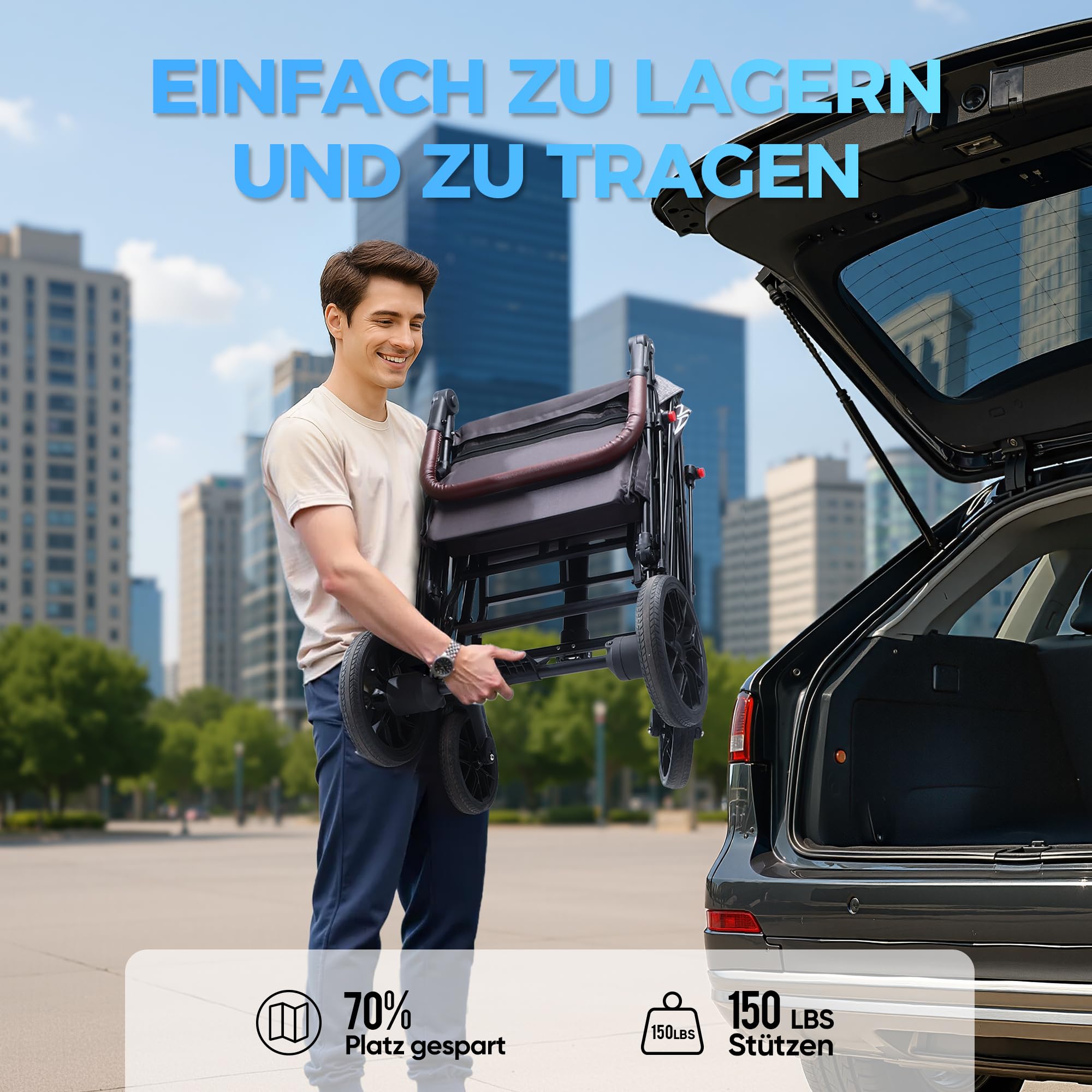 Bollerwagen für 2 Kinder, faltbarer Kleinkinderwagen mit Dach und abnehmbarem Tablett,Tür mit Reißverschluss,5-Punkt-Gurt, verstellbarer Griff, Bollerwagen mit Sitz (Grau)