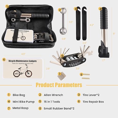 Miniatura 2 de Kit de herramientas de reparación de bicicletas de 33 piezas con mini bomba de bicicleta, multiherramienta 16 en 1, llaves Allen de 2 a 0.236 in,