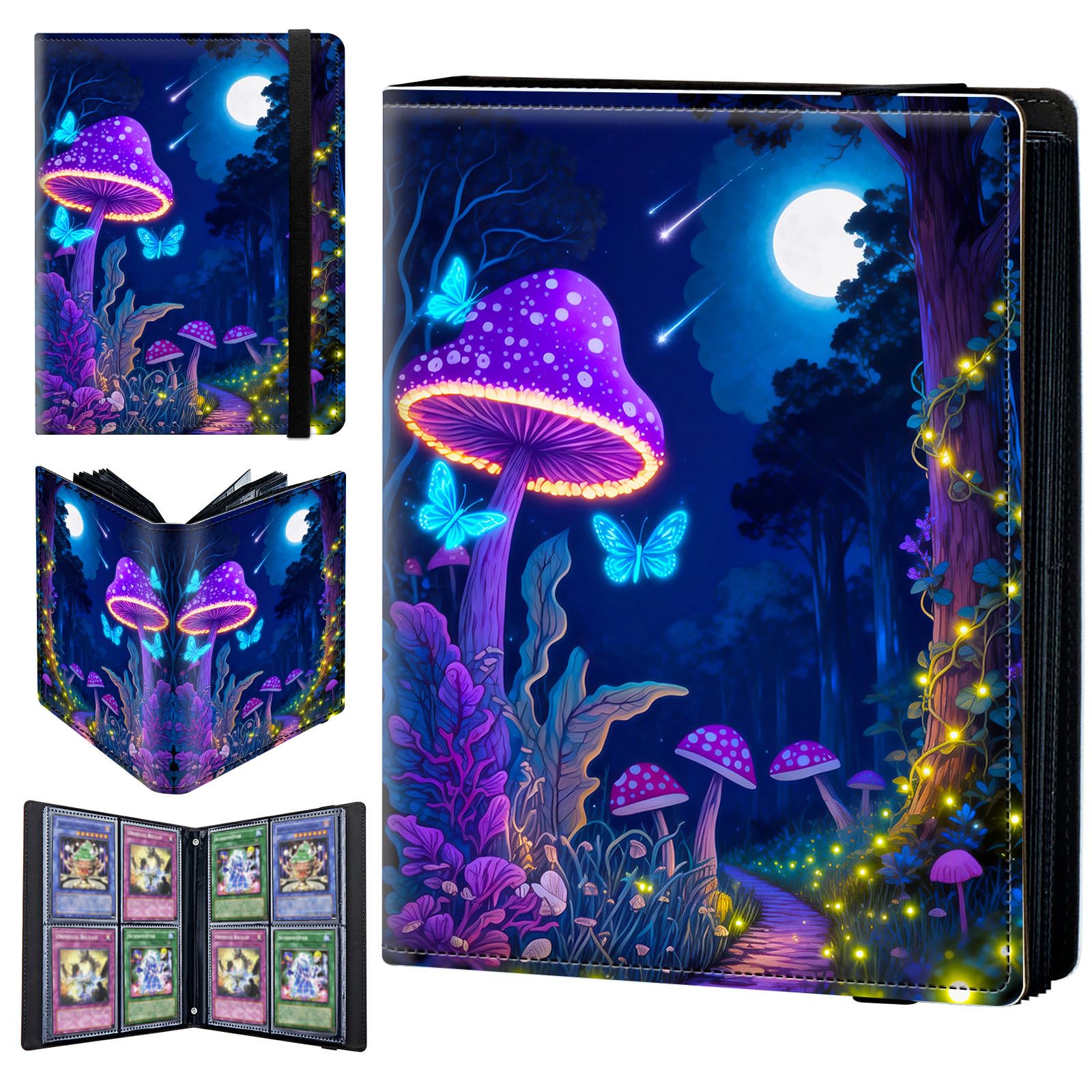 4 Pocket Trading Card Binder 240 Side Loading Pocket Album with Mushroom Forest Butterflies Pattern Design Card Binder for Sports Cards & Game Cards