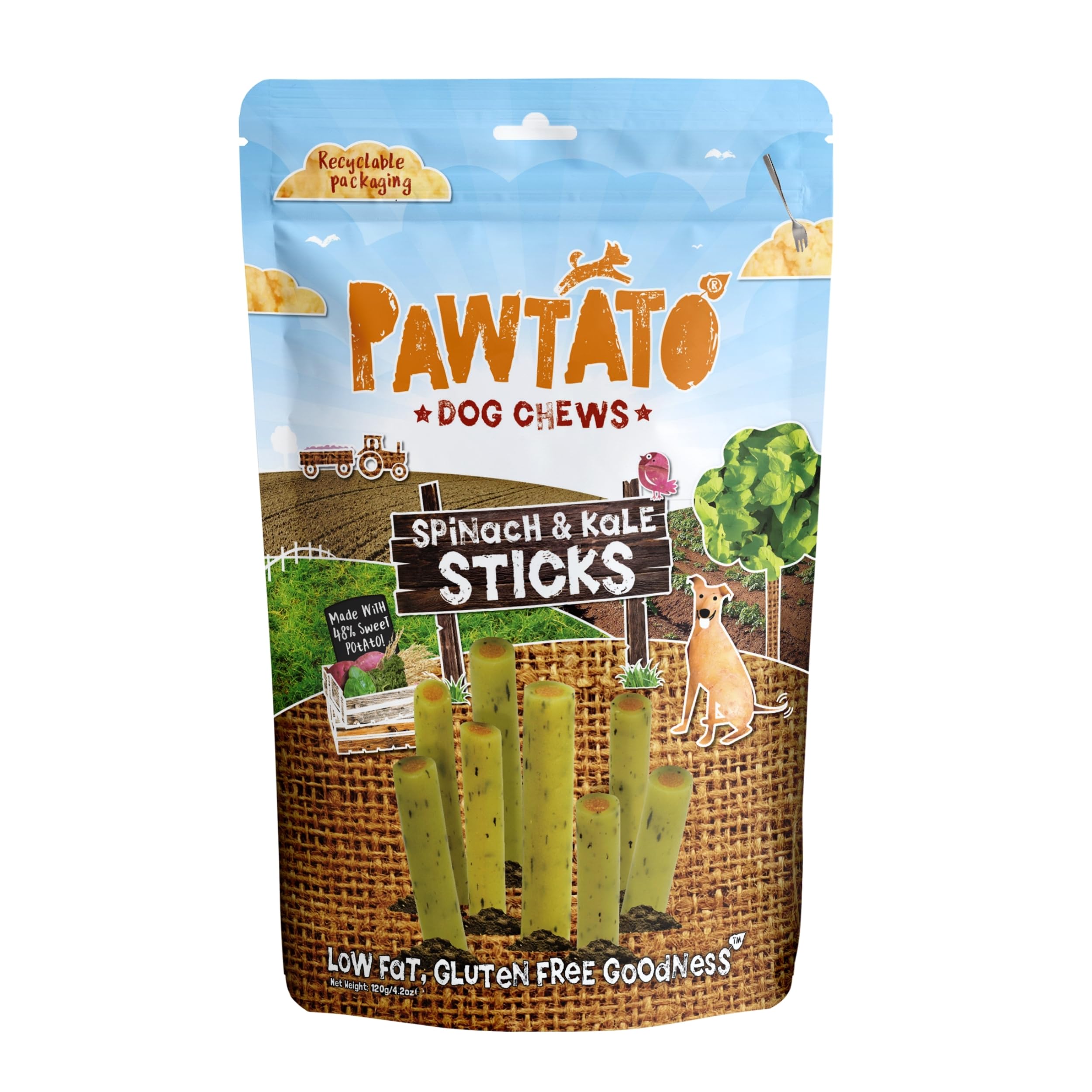 Benevo Pawtato Dog Chews - Spinach & Kale Sticks 120g (Pack of 6)