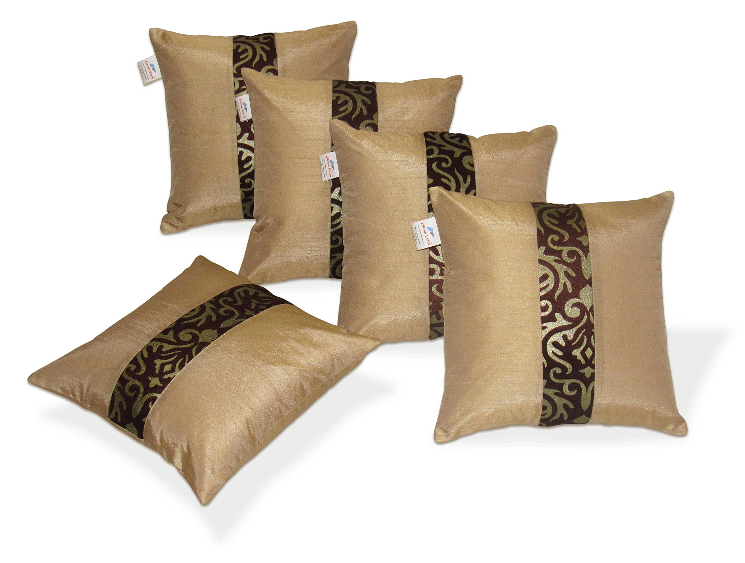 Zikrak Exim Straight Applied Patti Poly Dupioni Cushion Covers (Beige and Brown, 30x30 cms/12x12 Inches) - Set of 5.,