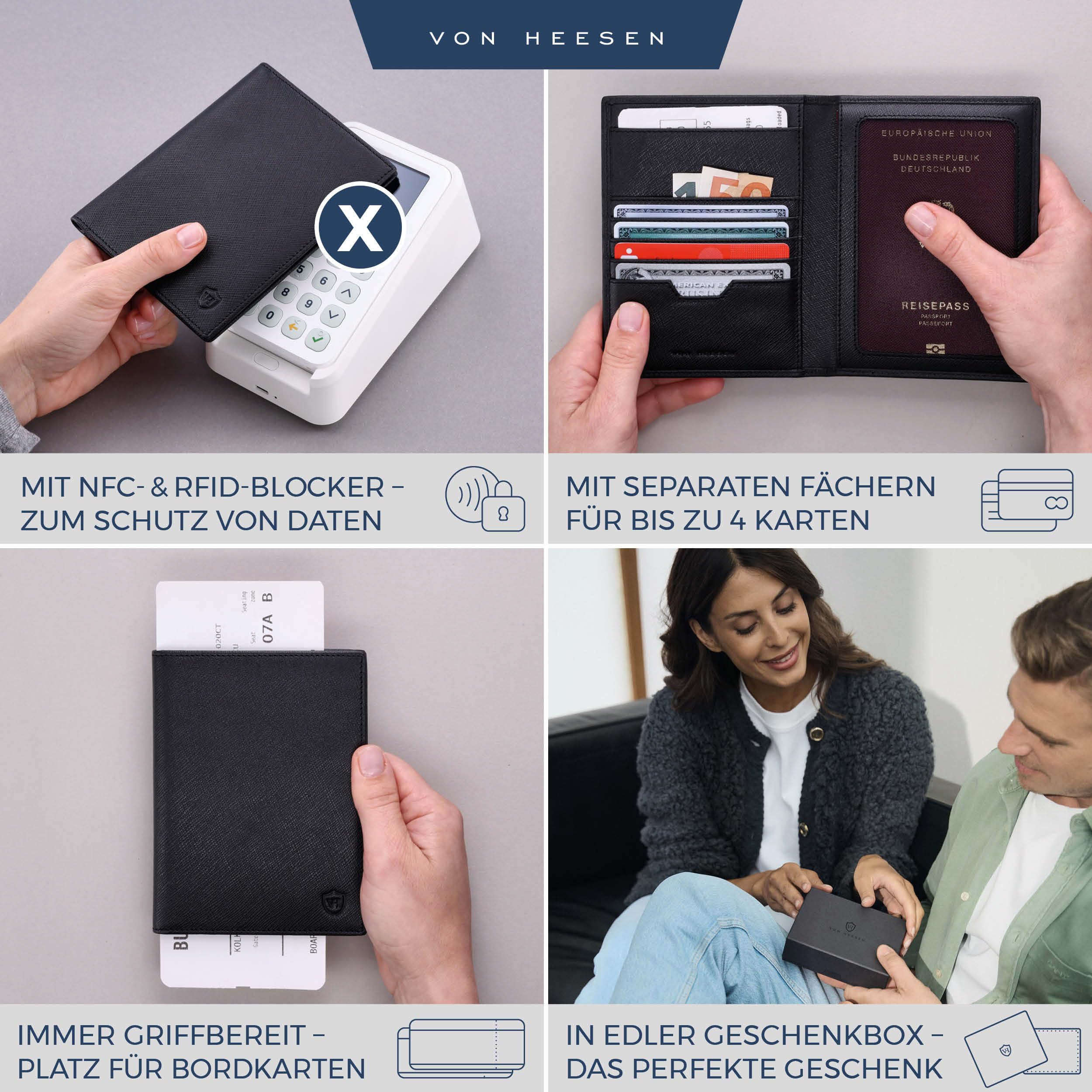 VON HEESEN Funda de piel para pasaporte con protección RFID para hombre y mujer, Negro Saffiano, Retrato