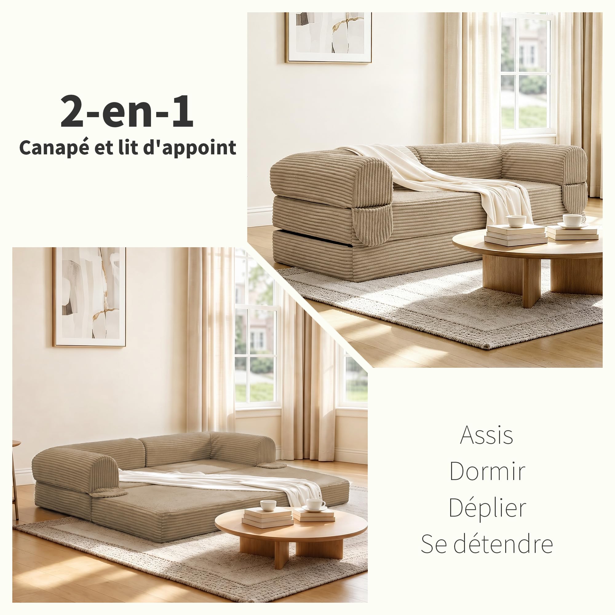 Canapé-Lit 2-En-1 190 cm En Velours Côtelé, Canapé Au Sol, avec Couverture