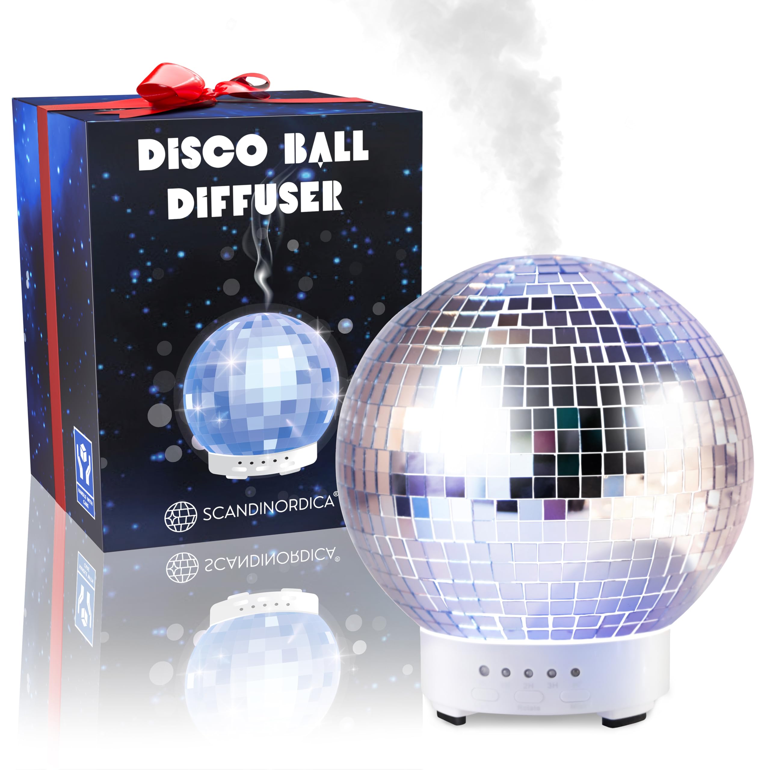 SCANDINORDICA Disco Ball Diffuser - Original Rotating Disco Essential Oil Diffuser with Whisper Quiet Operation, 14 Color Night Light & 4Time Settings | Cute Eclectic Home Decor for Medium Room Silver