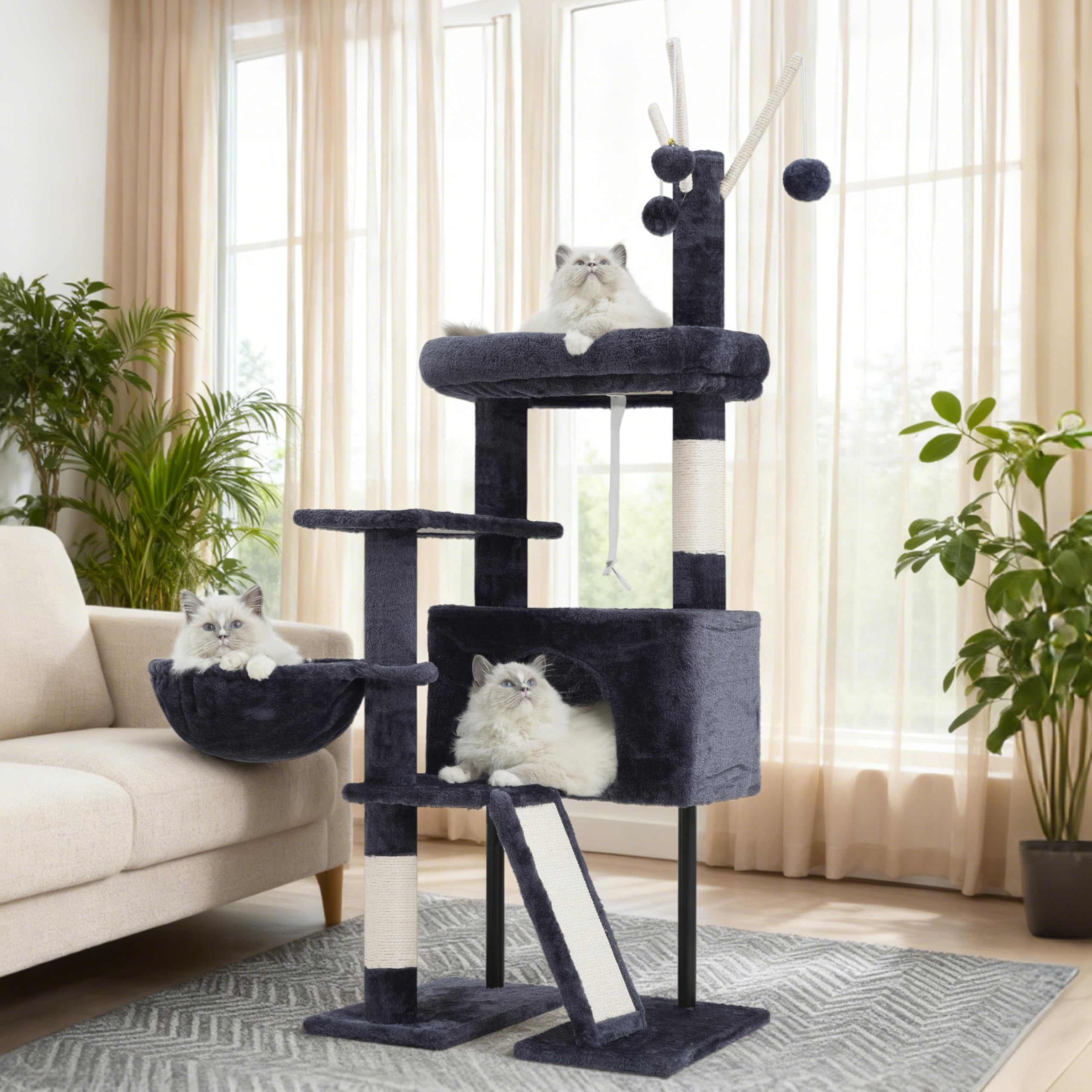 Gitelsnour Arbre à Chat Interieur, Tour de Jeux pour Chats, Tour Chat avec Griffoirs, Plateforme supérieure Amovible, Poteaux à Griffer, Hamac, Pompons, Niches, Gris foncé GCT006SG