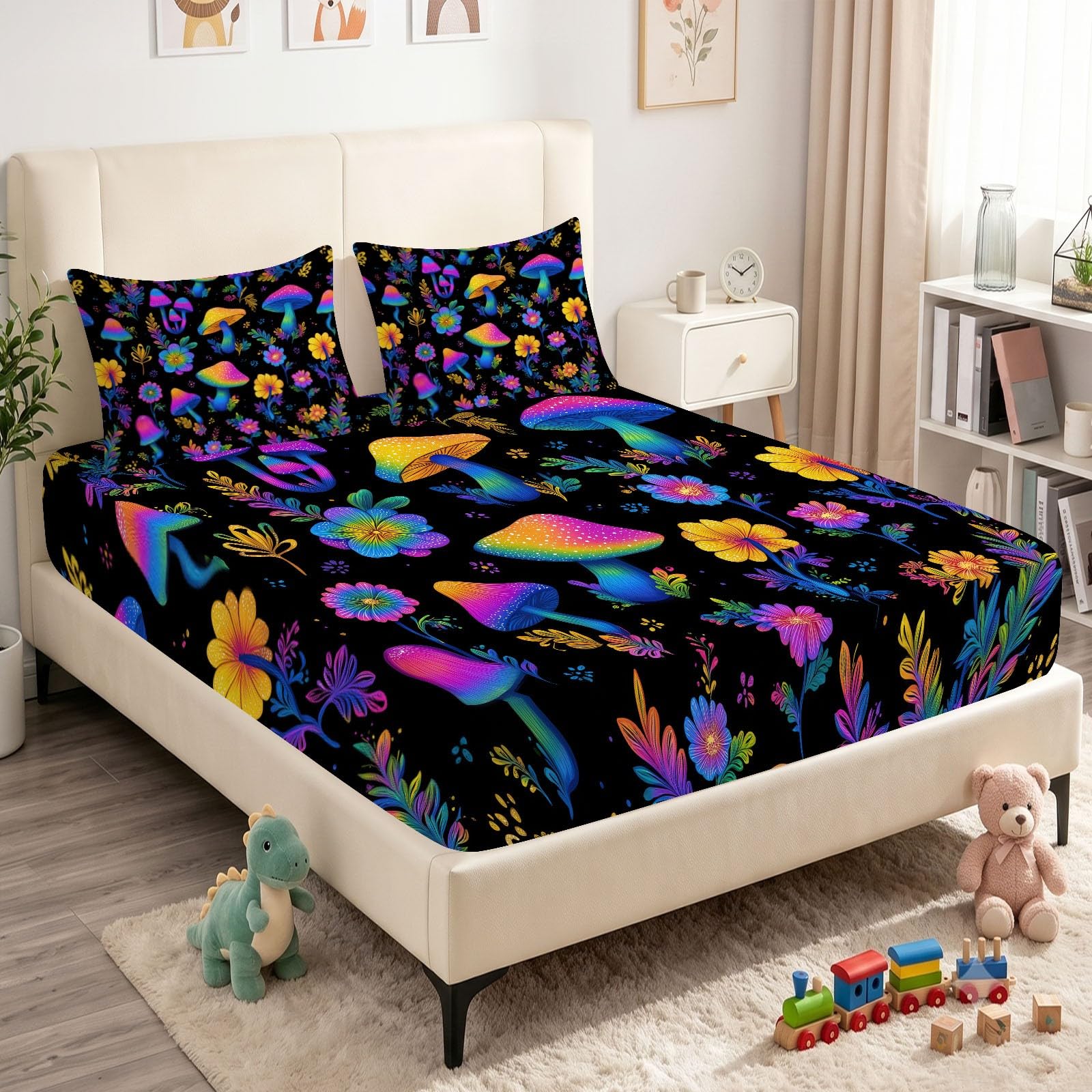 Mädchen Spannbetttuch 180 x 200 cm Grün - Pilze Blumen Spannbettlaken - Fantasy Bunt Dekorativ Bettlaken Weich & Bügelfrei Atmungsaktiv Mikrofaser Hypoallergen für Boxspringbett