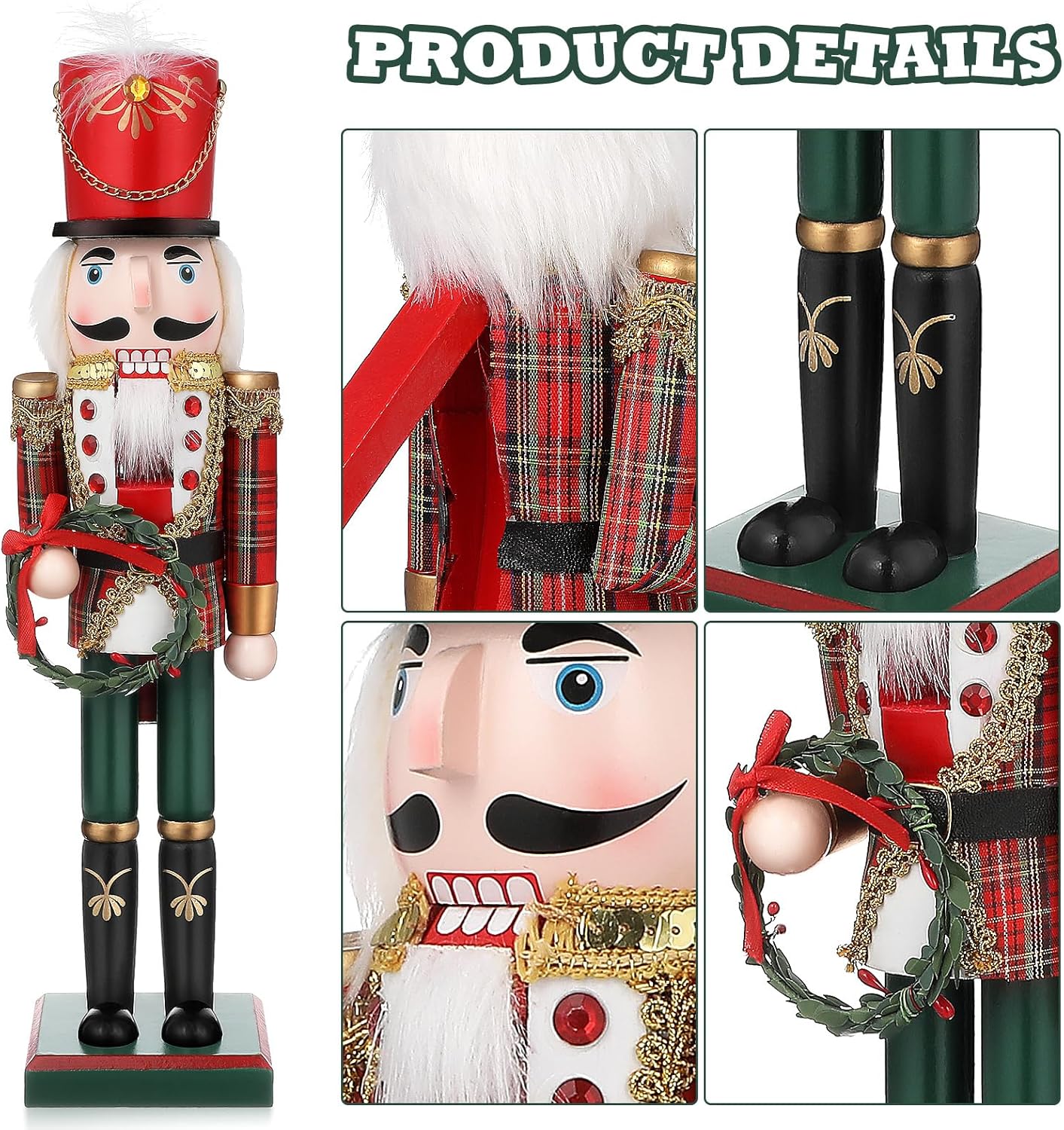 Nutcracker Soldier Wooden Ornament, 15 Inch Red and Green Nutcracker Christmas Decor, Festive Xmas Table Decoration with Wreath for Home and Holiday Parties