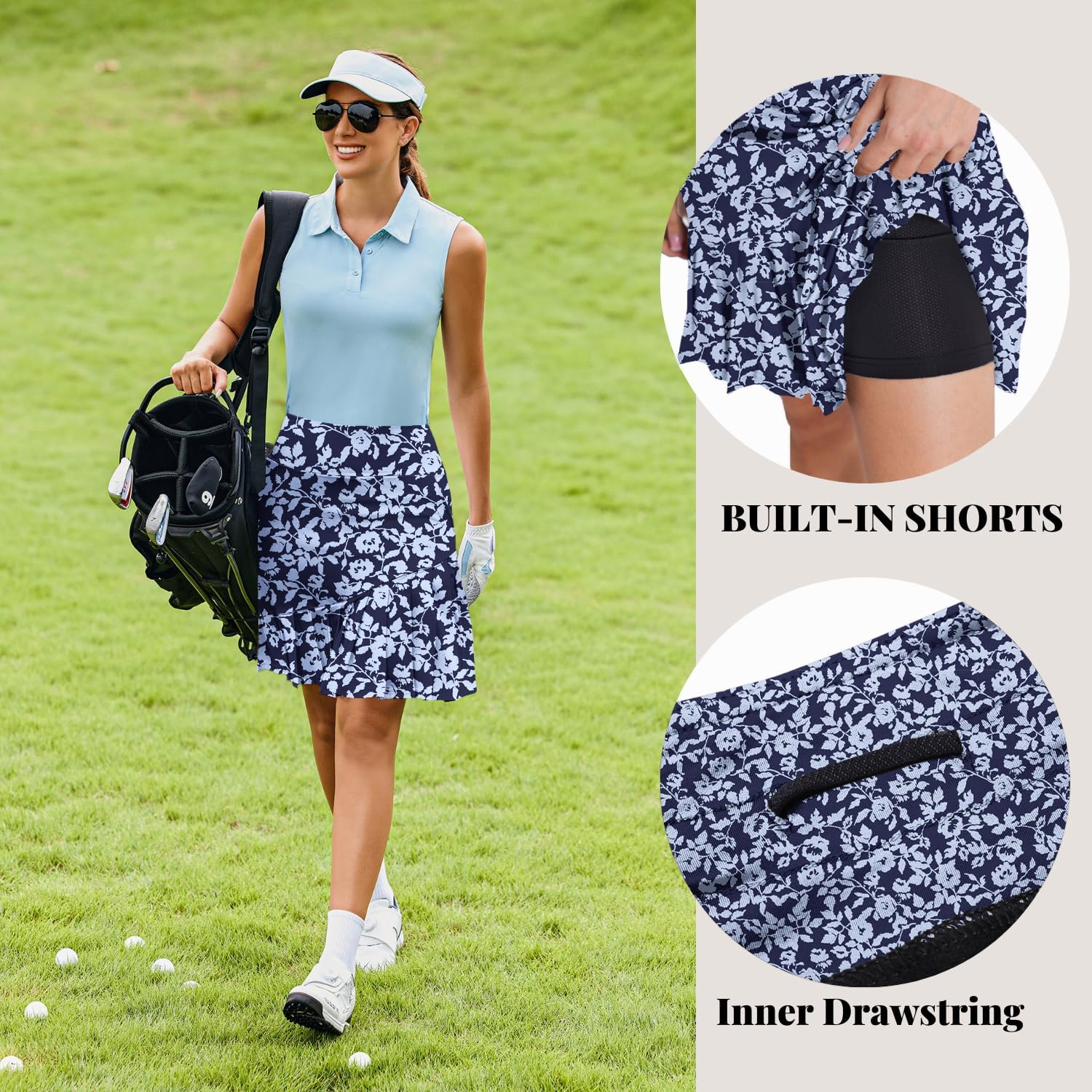 PINSPARK Golf Skirts for Women 20" Modest Knee Length Skort Pleated Tennis Skirt with Shorts High Waisted Tummy Control Skort