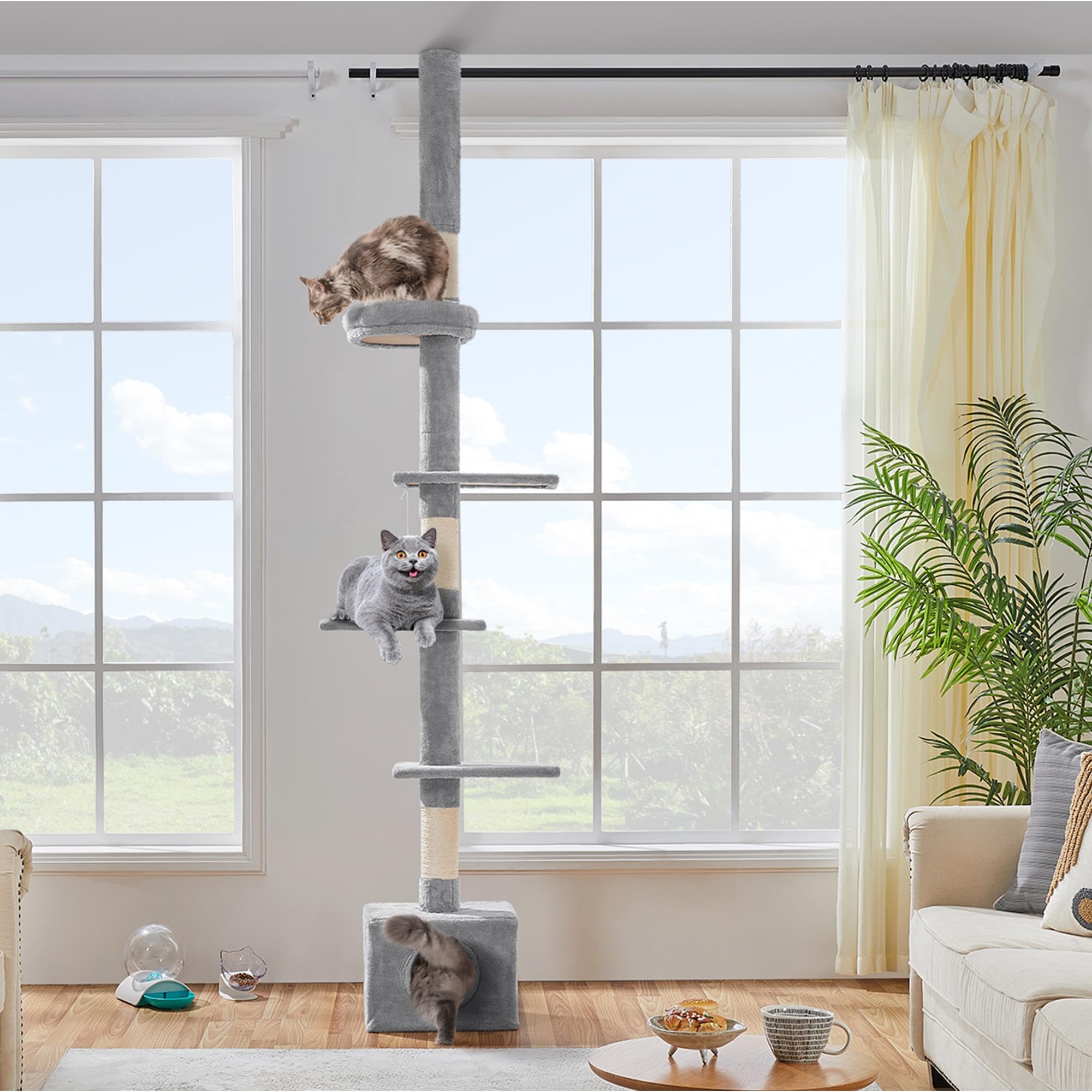 Yaheetech 226-265,5 cm Kratzbaum XXL Katzenbaum mit Deckenspanner hellgrau | Höhenverstellbar | Deckenhoch Katzenkratzbaum | mit 3 Kratzsäulen & 4 Plattformen | Flexibel Design | Kletterbaum