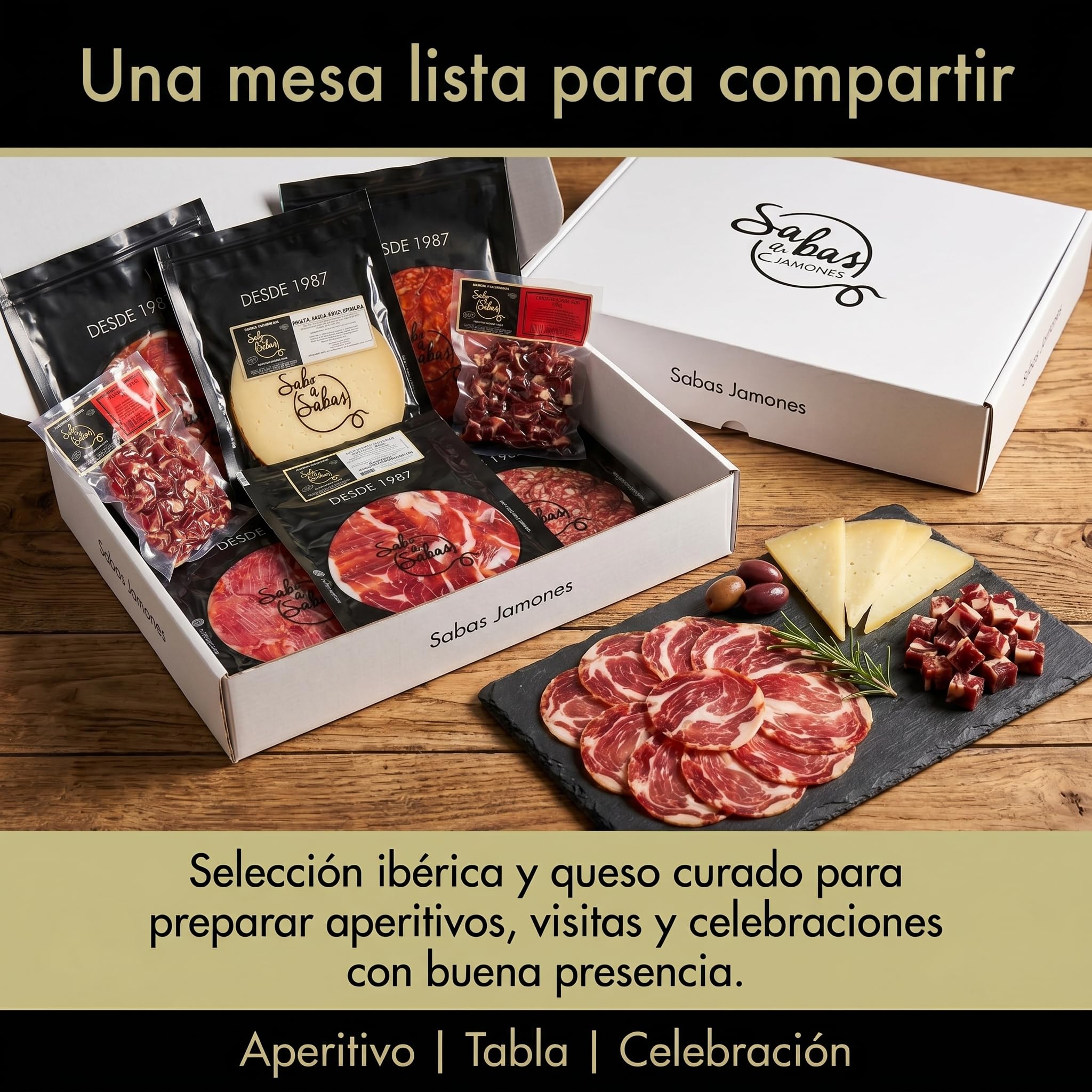 SABE A SABAS Cesta de ibéricos 4 sobre de jamón ibérico 4 de salchichón 4 de chorizo 4 de lomo 2 sobre de taquito iberico 4 sobres cortados a tapitas queso Curado de Oveja todos de 100 gr