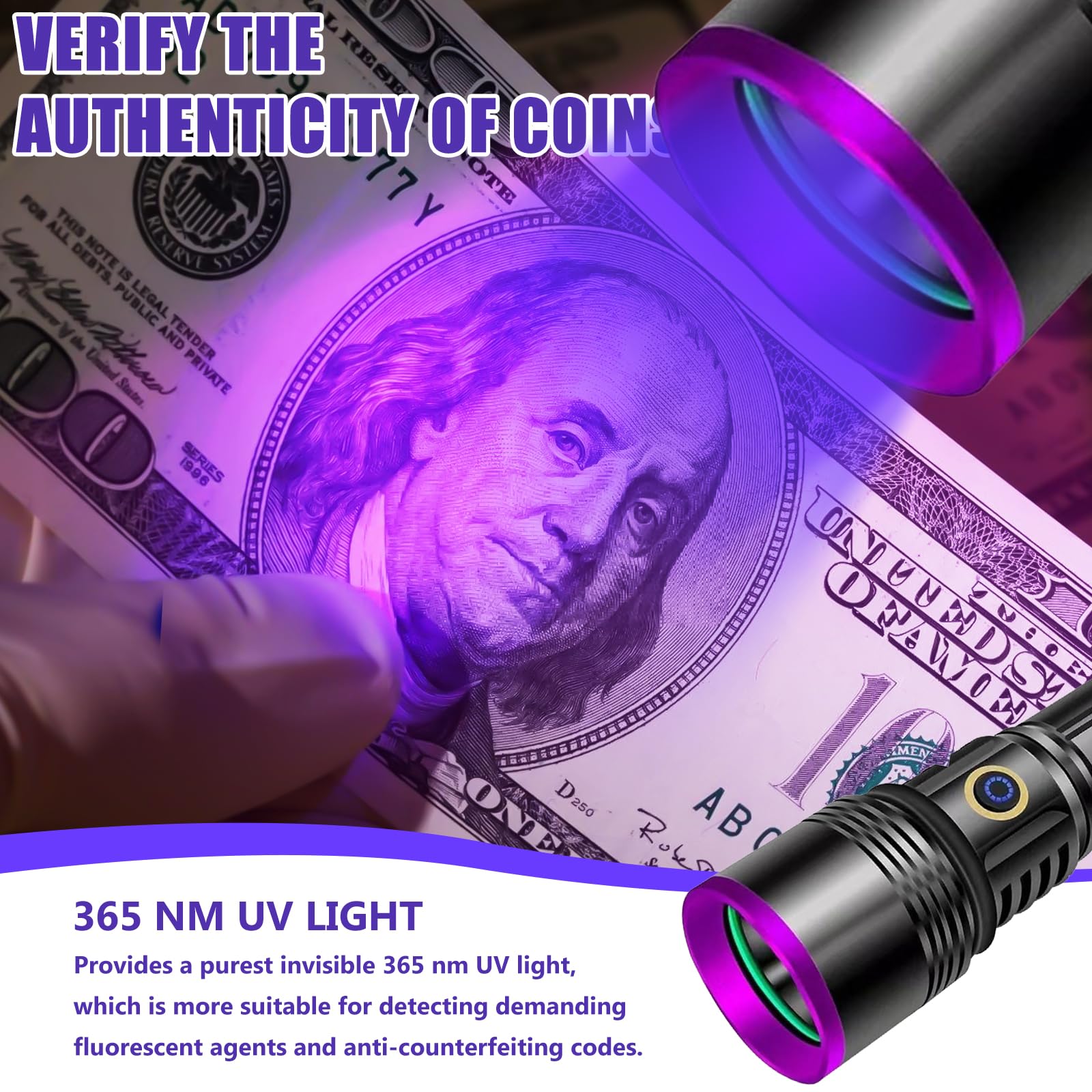 Aicharynic UV Taschenlampe 365nm: Aluminiumlegierung Aufladbar, Schwarzlicht, Haustierurin Detektor, Schmuckdetektion, Fluoreszenzdetektion, mit UV Schutzbrille