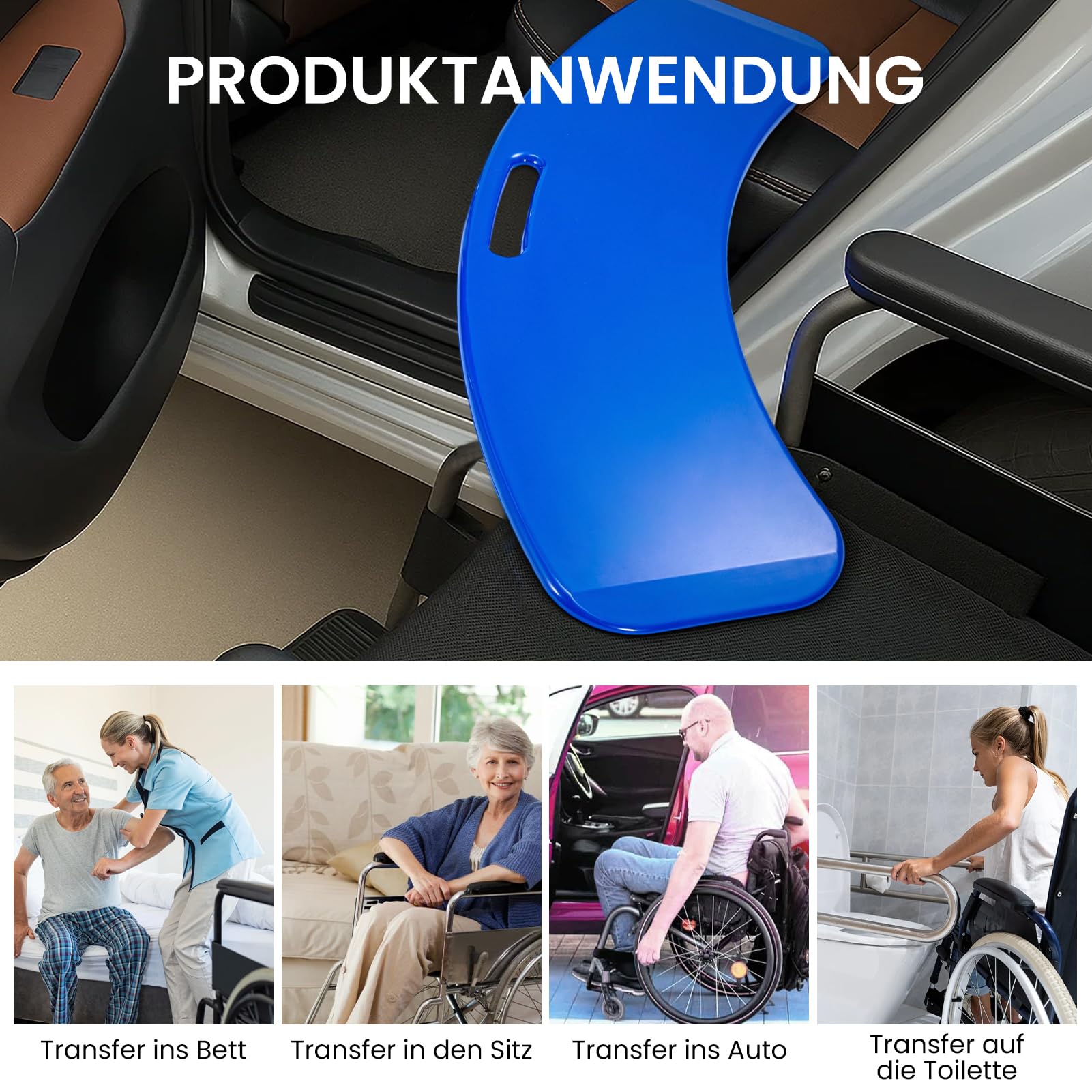 Transferbrett für Rollstuhlfahrer – Rutschfestes Gleitbrett aus Hochfestem Kunststoff, Patienten-Transferhilfe zum sicheren Umsetzen zwischen Rollstuhl, Bett, Toilette und Auto (Blau)
