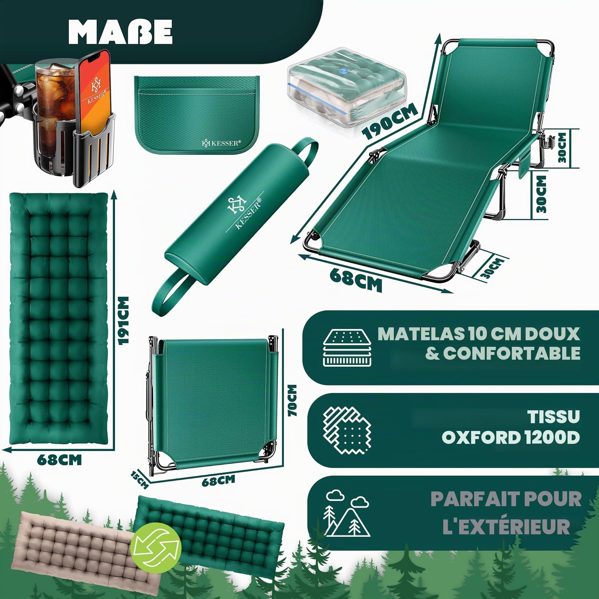 KESSER® Lit de camping pliable 190 x 68 x 30 cm - Charge maximale : 250 kg - En tissu Oxford et structure en acier robuste - Chaise longue pour camping avec sac de transport, coussin de nuque, poche