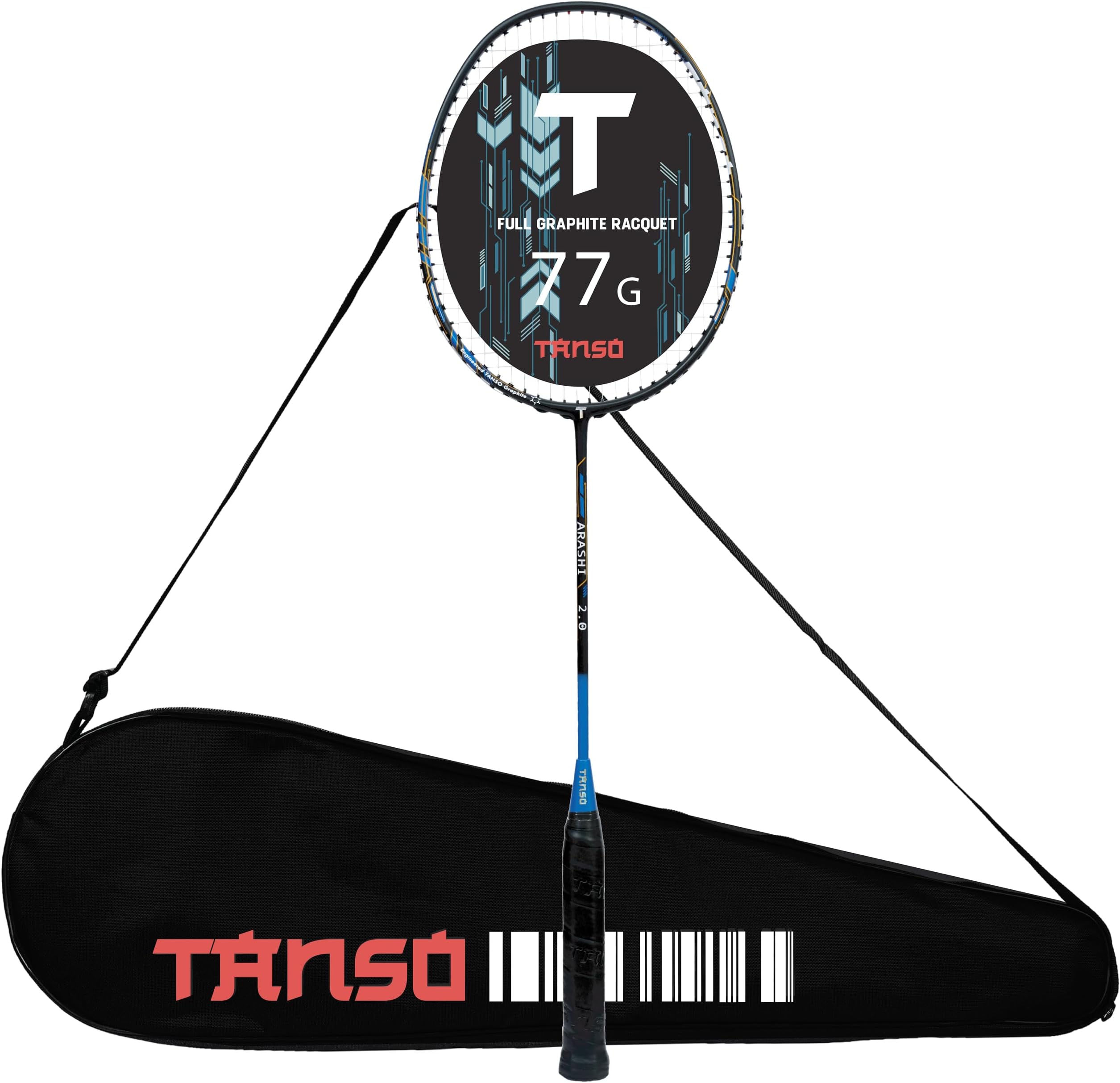TANSO Arashi 2.0 Full Graphite Ultra Light Weight Carbon Fibre Strung Badminton Racket with Free Full Racquet Cover (77 Grams 32 Lbs Tension, Strung with Premium Strings) (Blue)