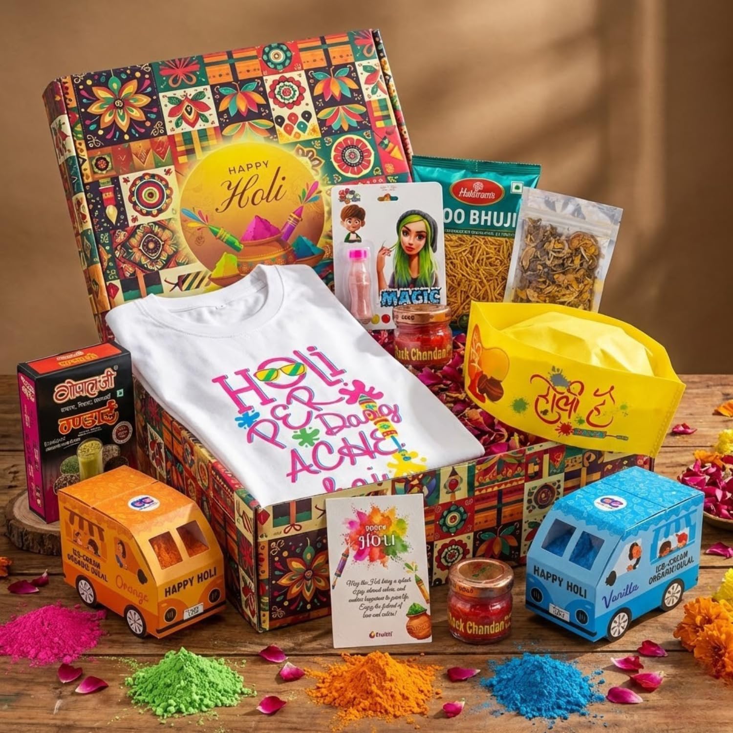 Fruitri Premium Holi Gift Hamper - 11 Item Kit with Gulal, Thandai, T-Shirt (XL) & Cap | Festive Gift Box with Magic Ice & Namkeen | Ideal Corporate Holi Gifts | Traditional Holi Gifts for Family with Greeting Card 1