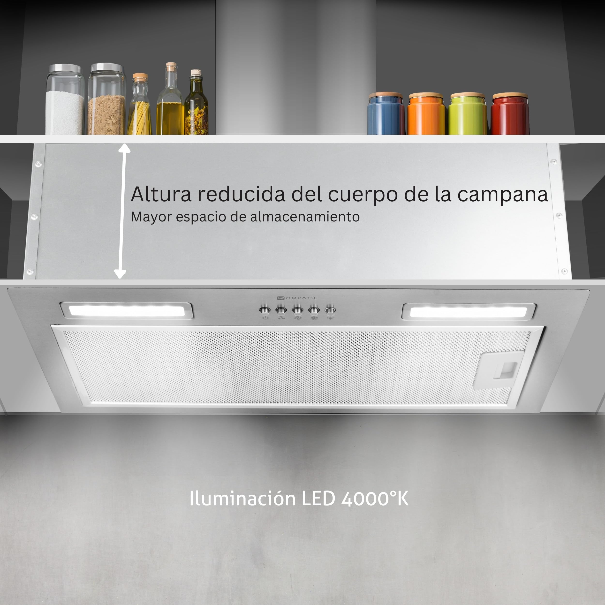 Lane 50 KLN50SI Campana Extractora Encastrable 50cm, A+++, 450 m³/h, Con Filtro de Carbón KCF4, Temporizador, Control electrónico, Iluminación LED, 3 velocidades + boost, Acero Inoxidable