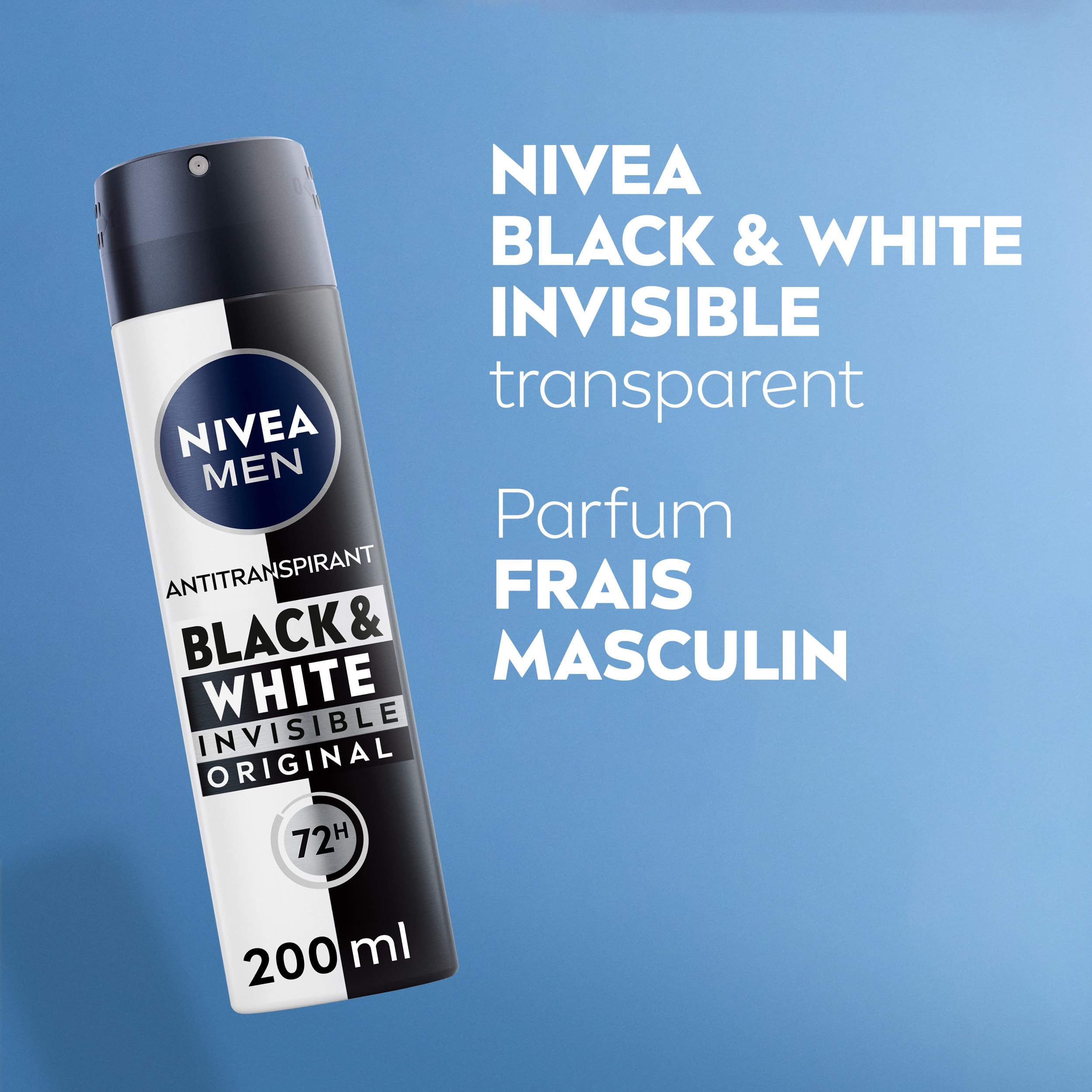 NIVEA MEN Déodorant Spray Black & White Invisible (1 x 200 ml), déodorant homme anti-traces blanches et jaunes, anti-transpirant anti odeur & humidité, protection efficace 72 h, sans alcool