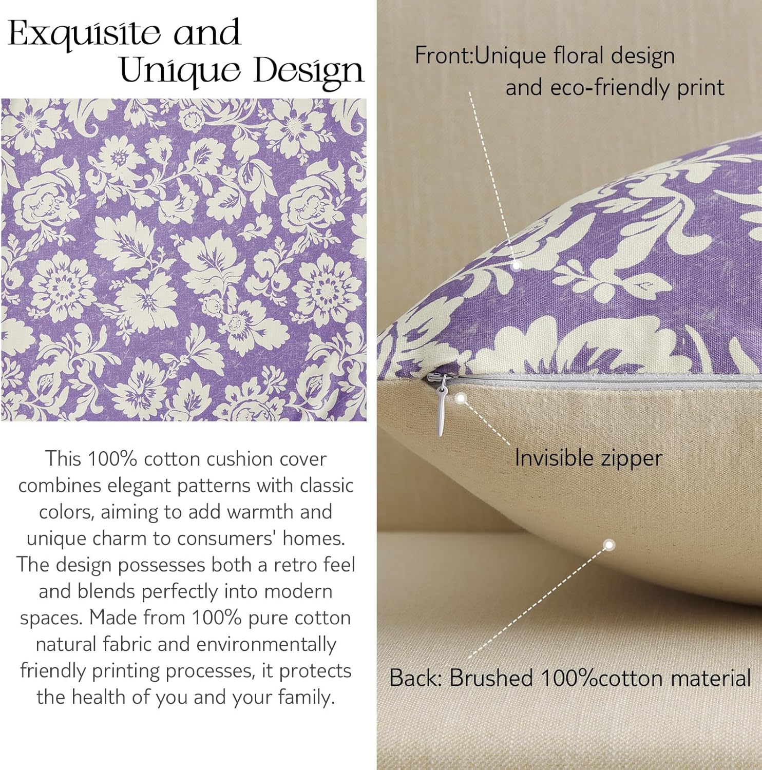 Vintage Floral Pillow Covers 20x20：Purple Throw Pillow Covers Decorative — Neutral Modern Farmhouse Patterned 100% Cotton Cushions Accent Covers for Couch Sofa Bed Living Room Pillowcases Set of 2