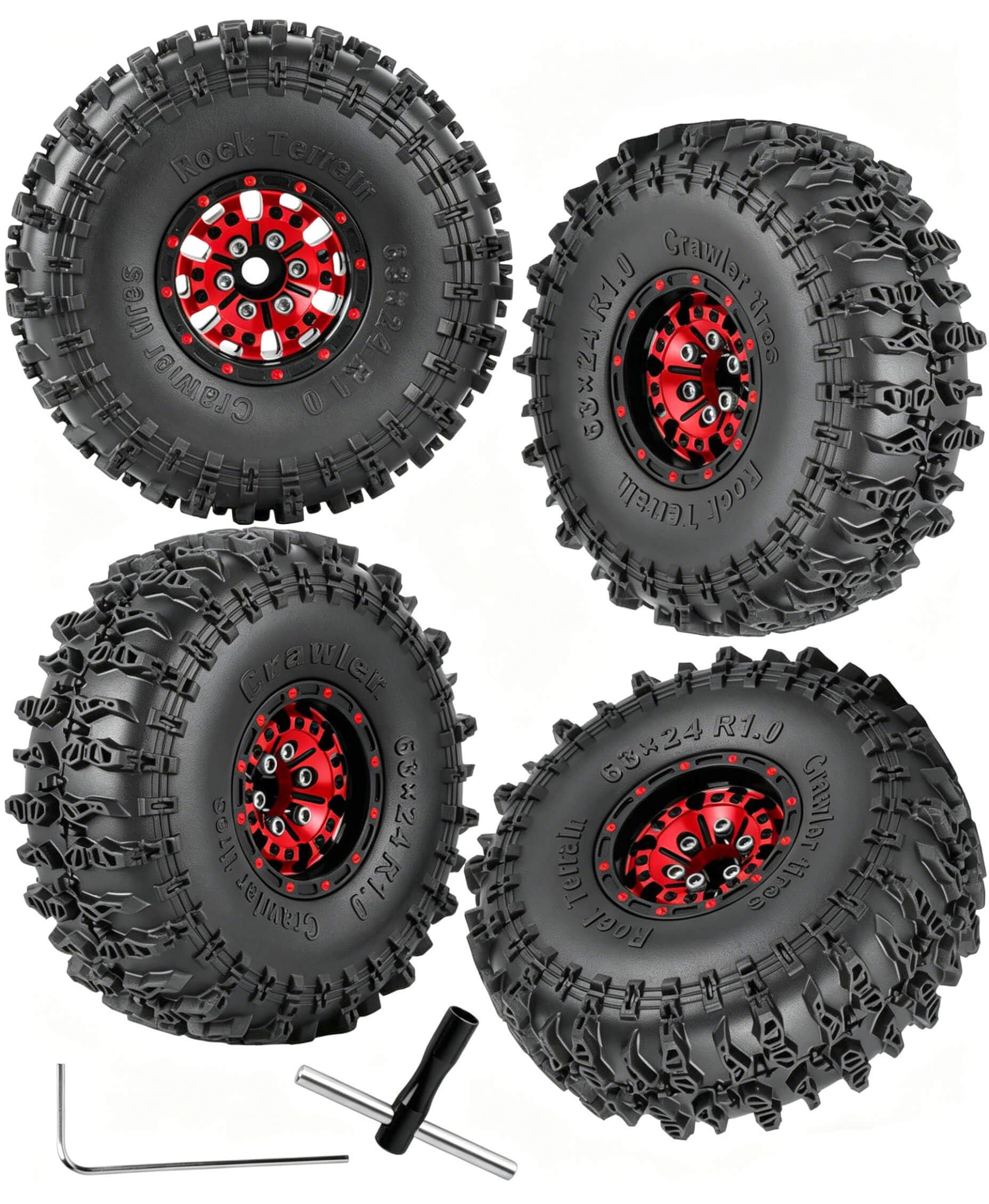 RCMYou RC Aluminum 1.0 Inch Wheel Rim Tires for 1/18 1/24 Trx4m SCX24 RC Crawler Car,4pcs 1.0 Wheel Rim Soft Rubber Tires,Red