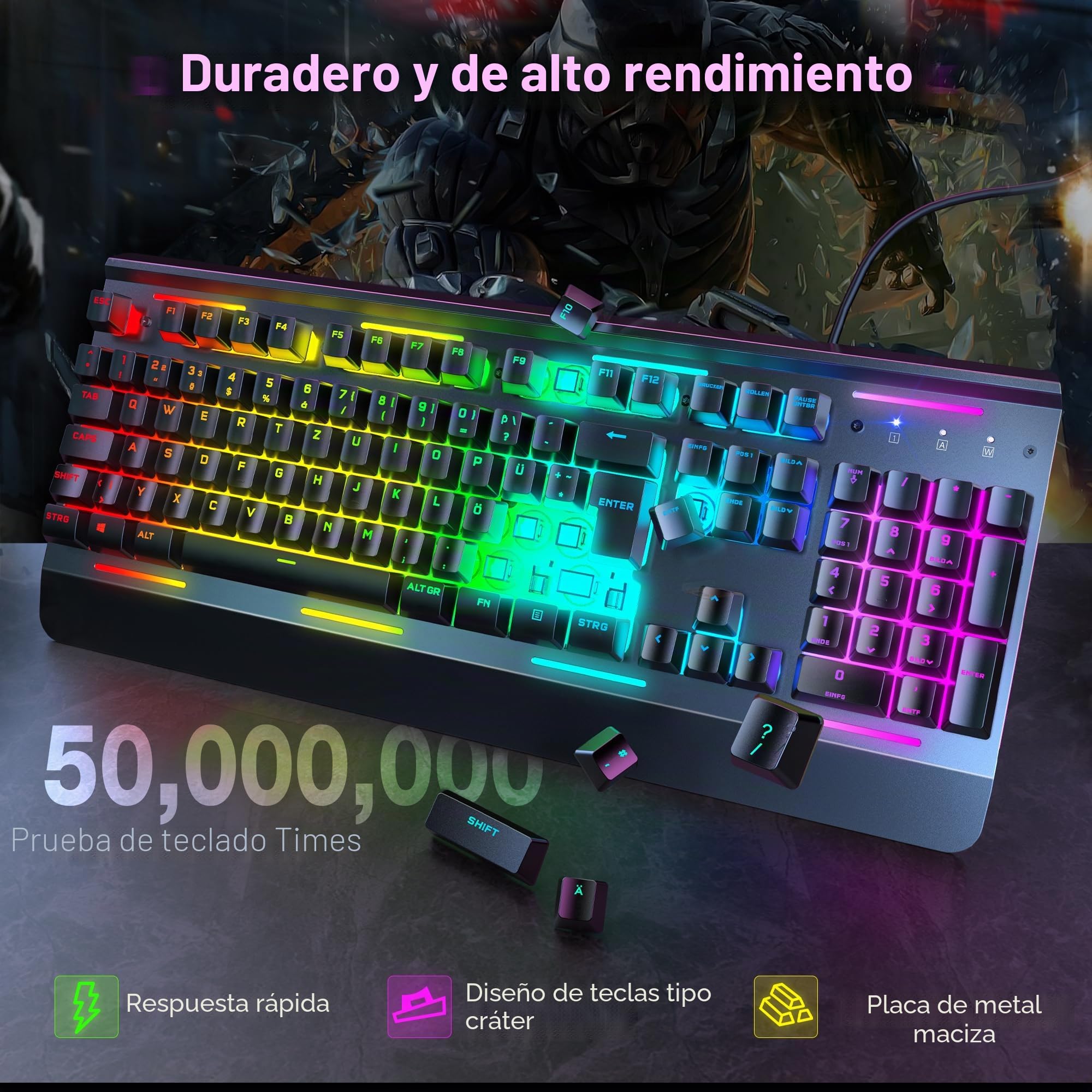TECKNET Teclado RGB para videojuegos, teclado de membrana con 105 teclas, panel de metal, teclado con cable con reposamuñecas, iluminación RGB de 15 zonas, teclado de ordenador, 25 teclas